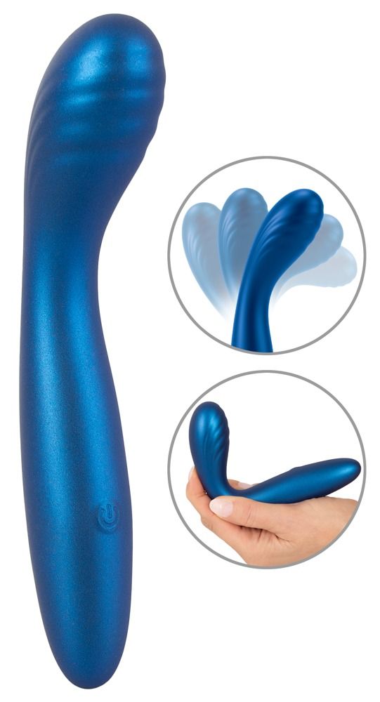 Blauer Vibrator mit geschwungener Form. Zusätzliche Ansichten zeigen die Form und die Handhabung. Mit einer Taste.