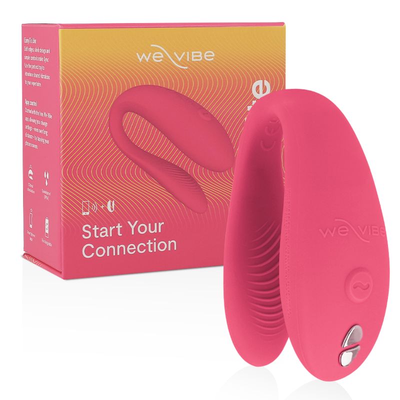 Rosa Vibrator neben Verpackung. Verpackung mit Produktabbildung und Text: We-Vibe, Start Your Connection.