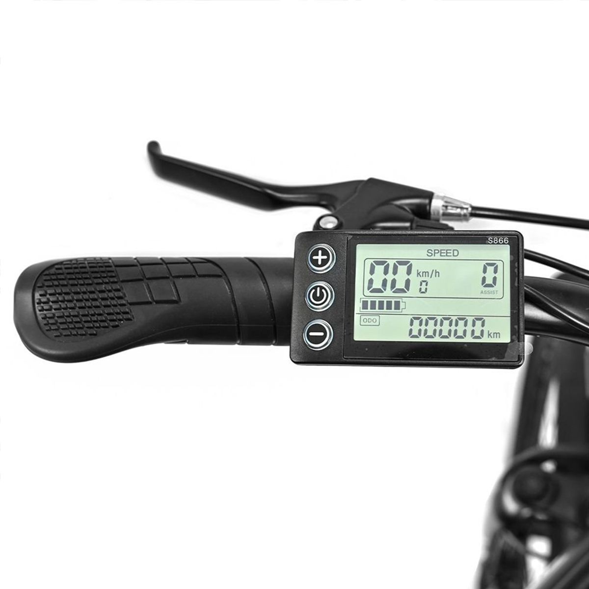 Digitales Display eines Elektrofahrrads. Zeigt Geschwindigkeit und Distanz.