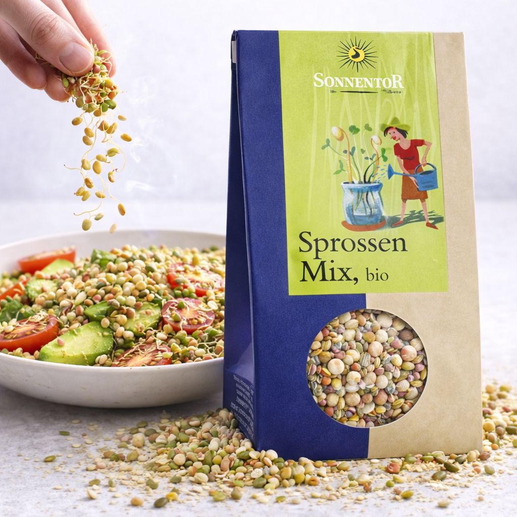 Sonnen-Taler Bio Sprossen Mix Packung mit Sichtfenster, daneben eine Schüssel mit Sprossensalat.