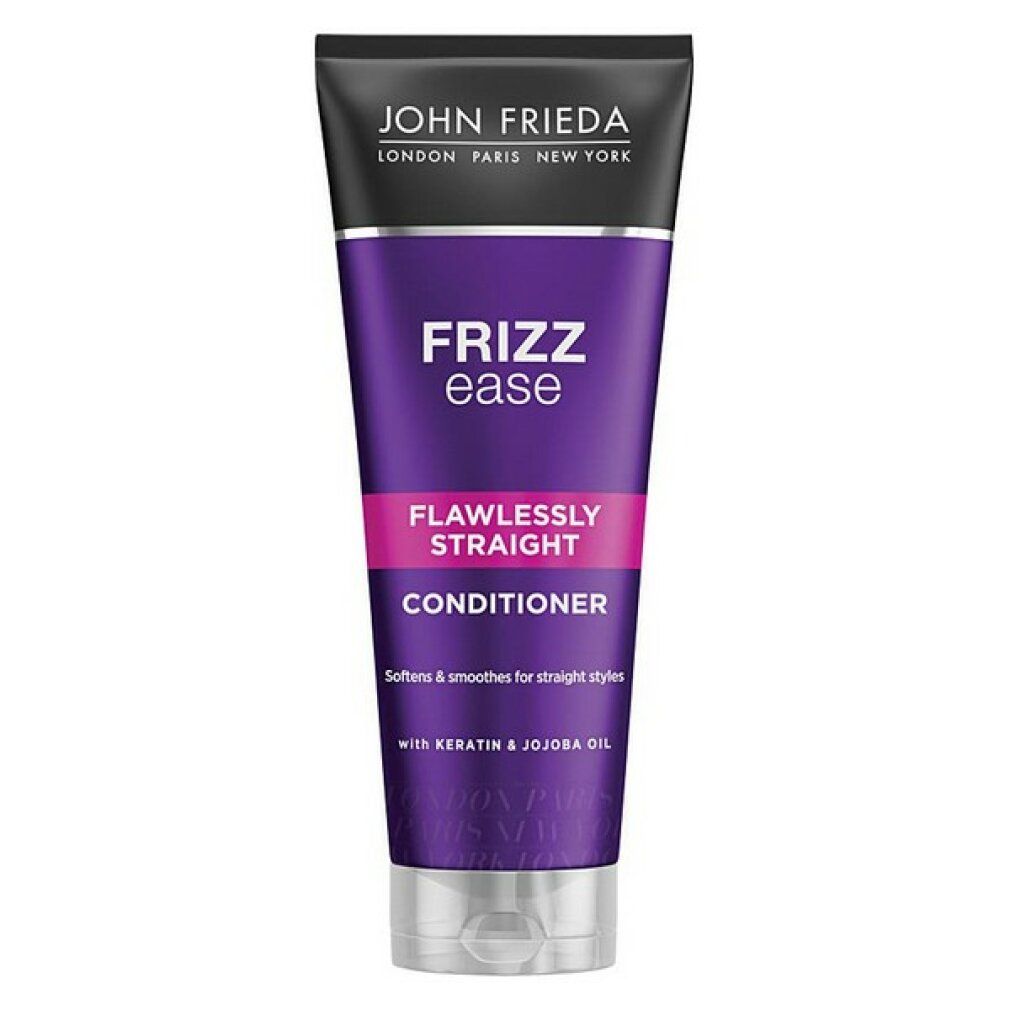 Conditioner-Tube mit John Frieda-Logo. Lila-farbenes Design mit Schriftzug Frizz Ease, Flawlessly Straight und Conditioner.
