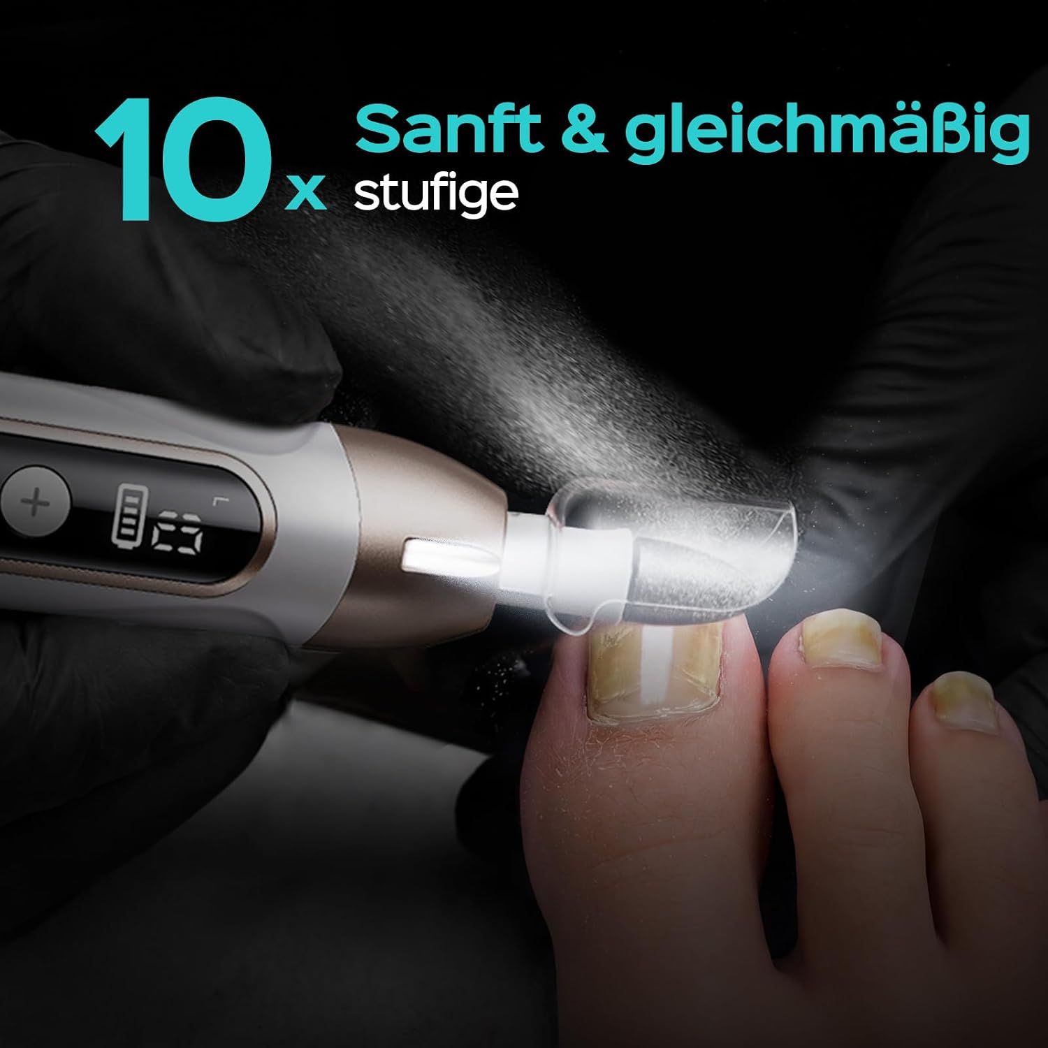 Elektrischer Nagelbohrer mit digitalem Display und Zubehör.