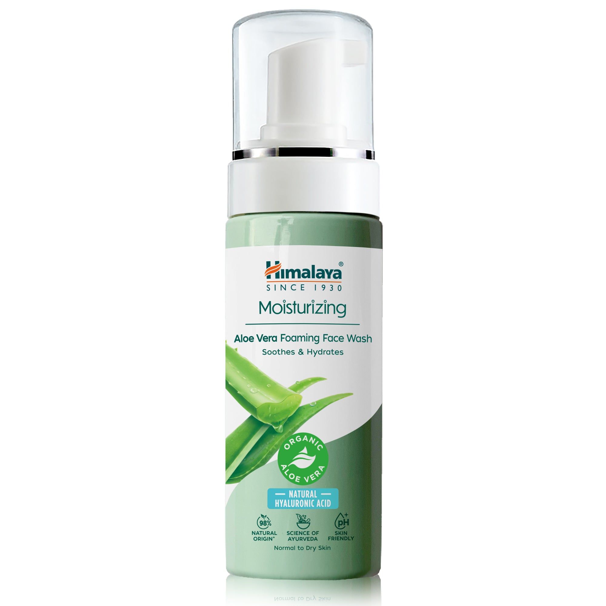 Himalaya Gesichtswaschmittel. Flasche mit Pumpverschluss. Text: Moisturizing, Aloe Vera Foaming Face Wash. Mit Aloe Vera-Illustration.