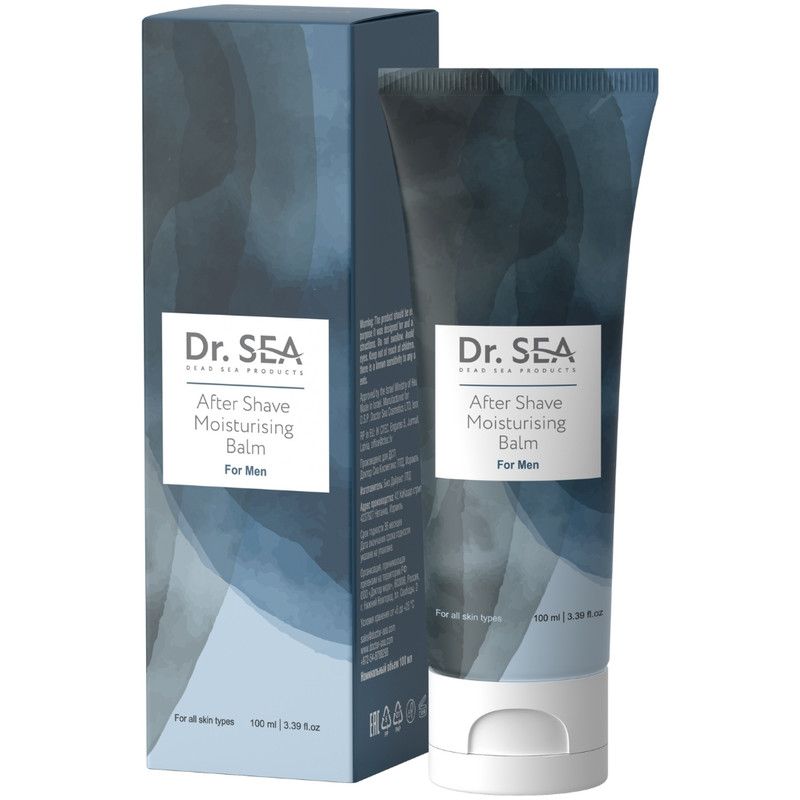 Aftershave-Balsam und Verpackung. Tube mit weißem Deckel und blauer Verpackung. Aufschrift: Dr. Sea, After Shave Moisturising Balm.