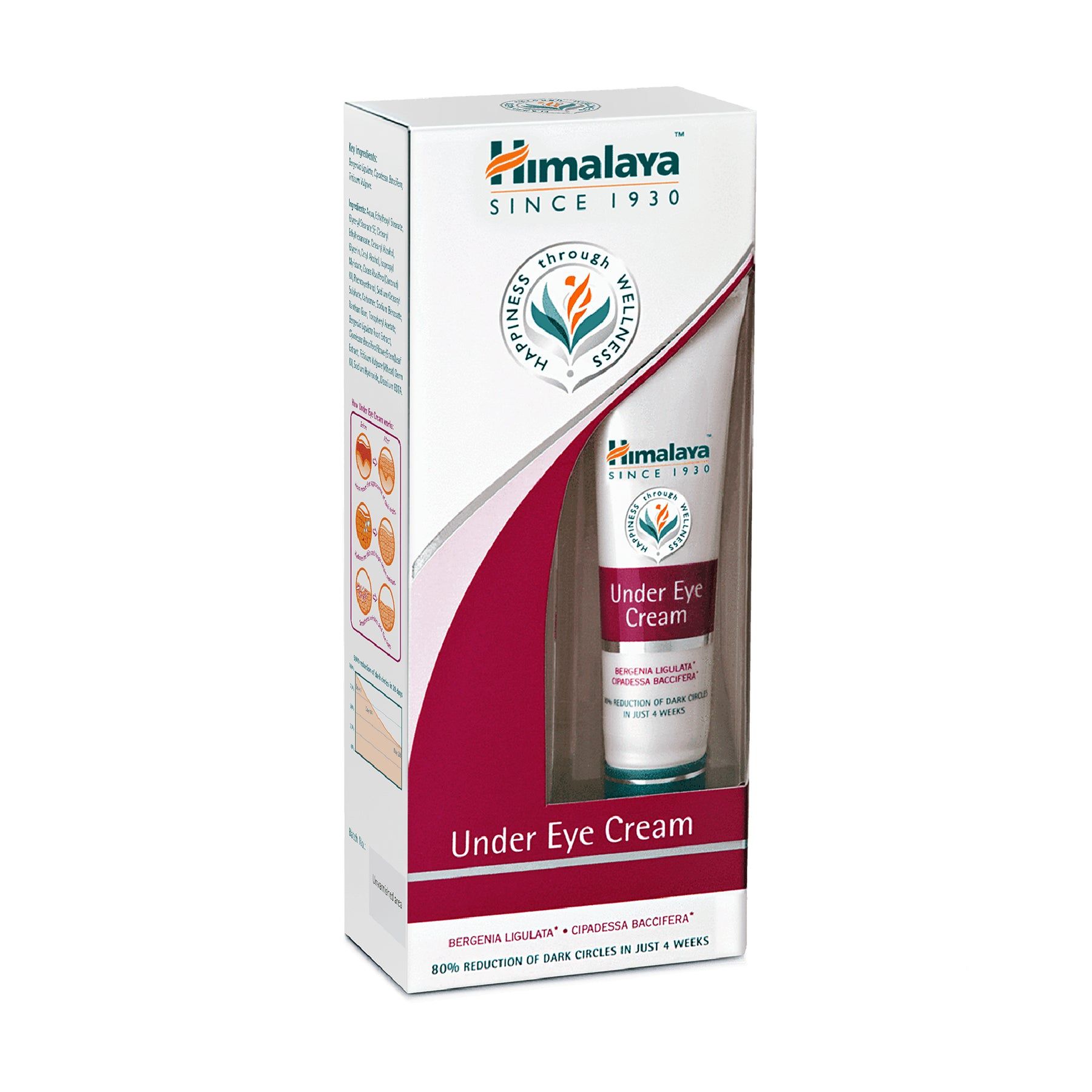 Himalaya Under Eye Cream in Verpackung. Tube im Karton. Aufschrift: Himalaya, Since 1930, Under Eye Cream.