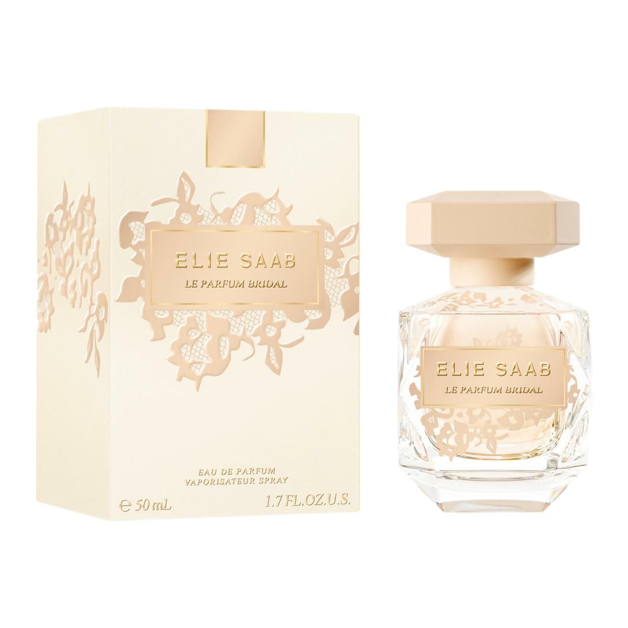 Parfümflakon und Verpackung. Aufschrift: ELIE SAAB LE PARFUM BRIDAL. Verpackung mit floralem Muster. Flakon mit beigem Deckel.