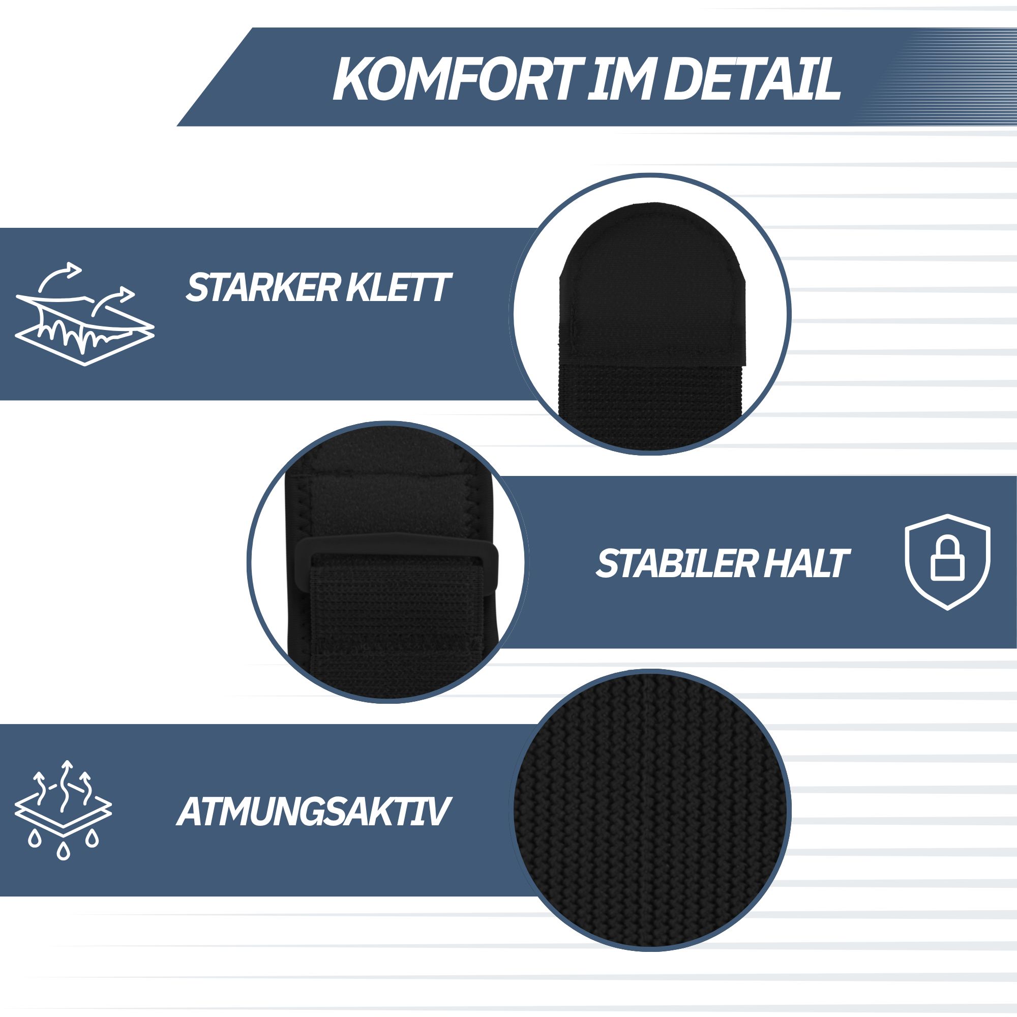 Details einer schwarzen Bandage: Starker Klettverschluss, atmungsaktives Material und stabiler Halt.