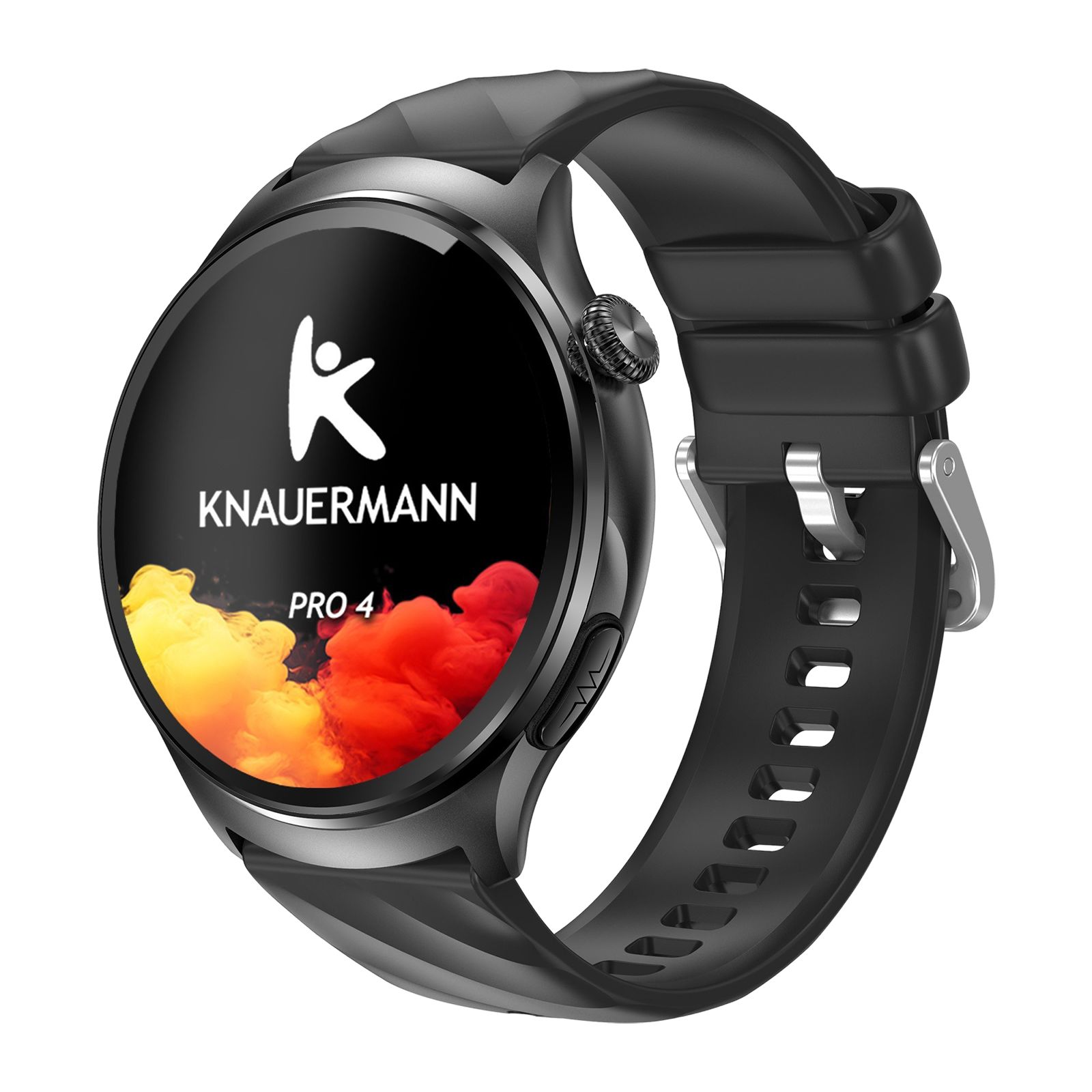 Schwarze Knauermann PRO 4 Smartwatch mit rundem Zifferblatt. Sichtbar: Logo, PRO 4, farbiger Hintergrund, schwarzes Armband.