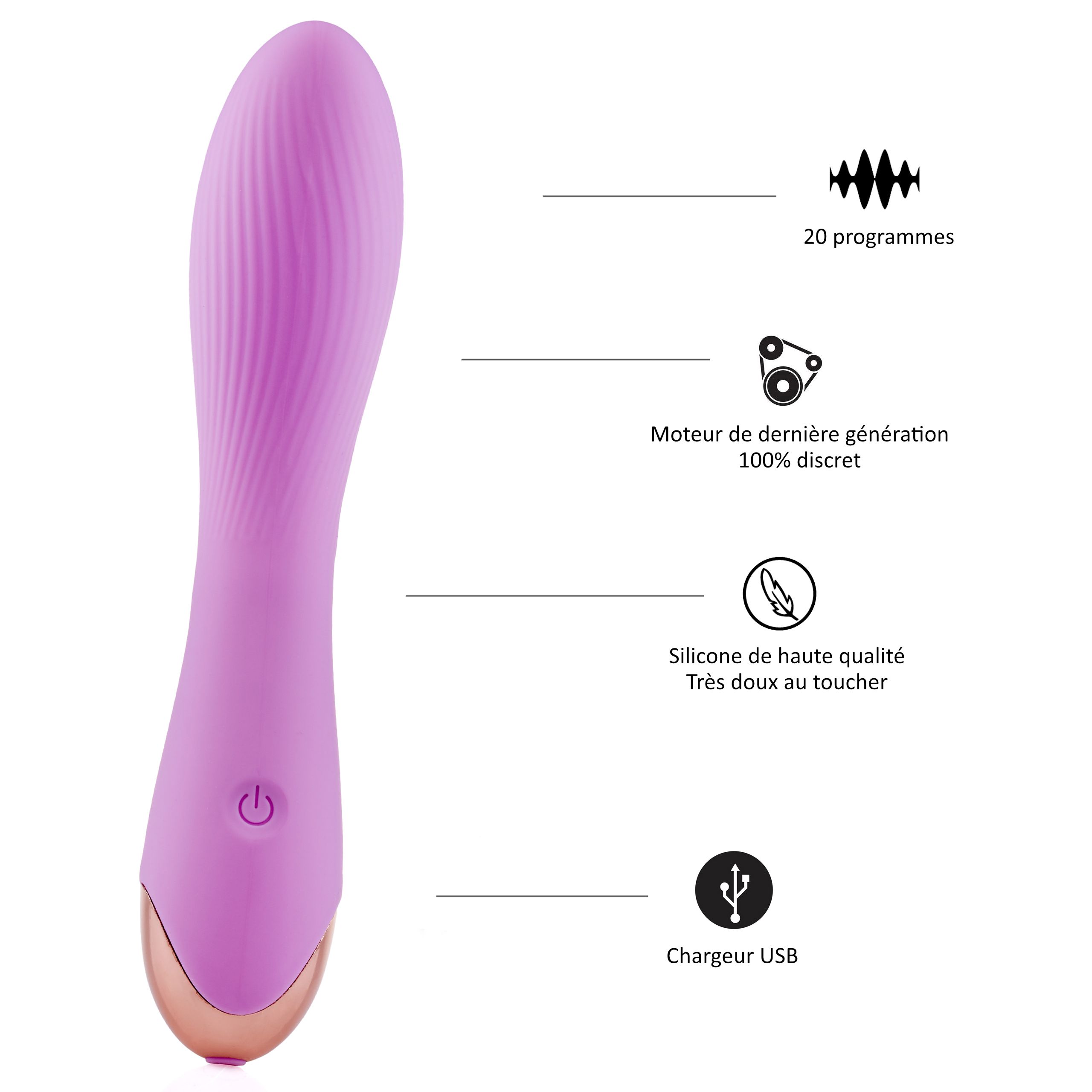 Lila Vibrator mit 20 Programmen, leisem Motor, hochwertigem Silikon und USB-Ladefunktion.