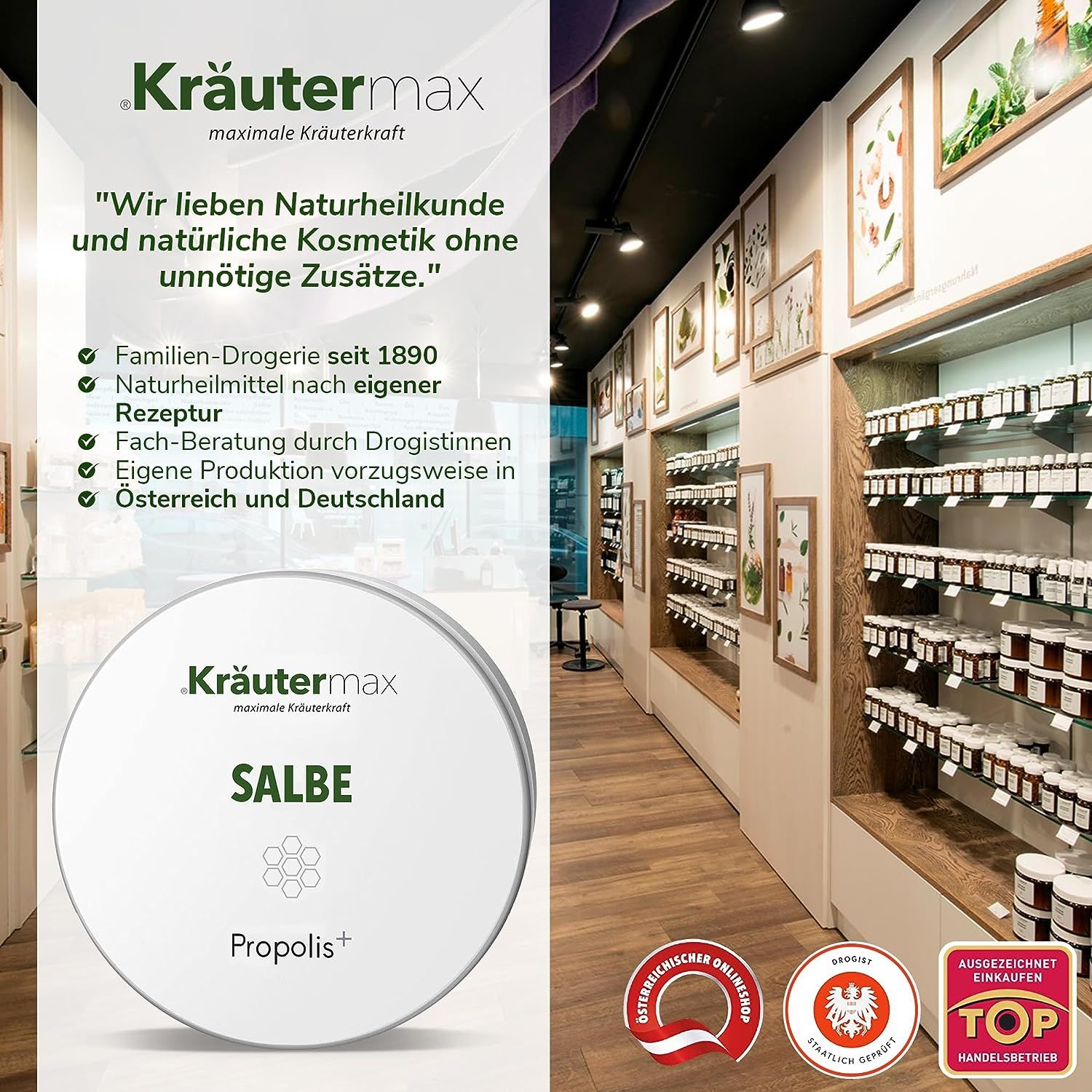 Kräutermax Salbe Propolis plus Dose in einer Apotheke. Regal mit Produkten. Logo und Text auf einem Banner.