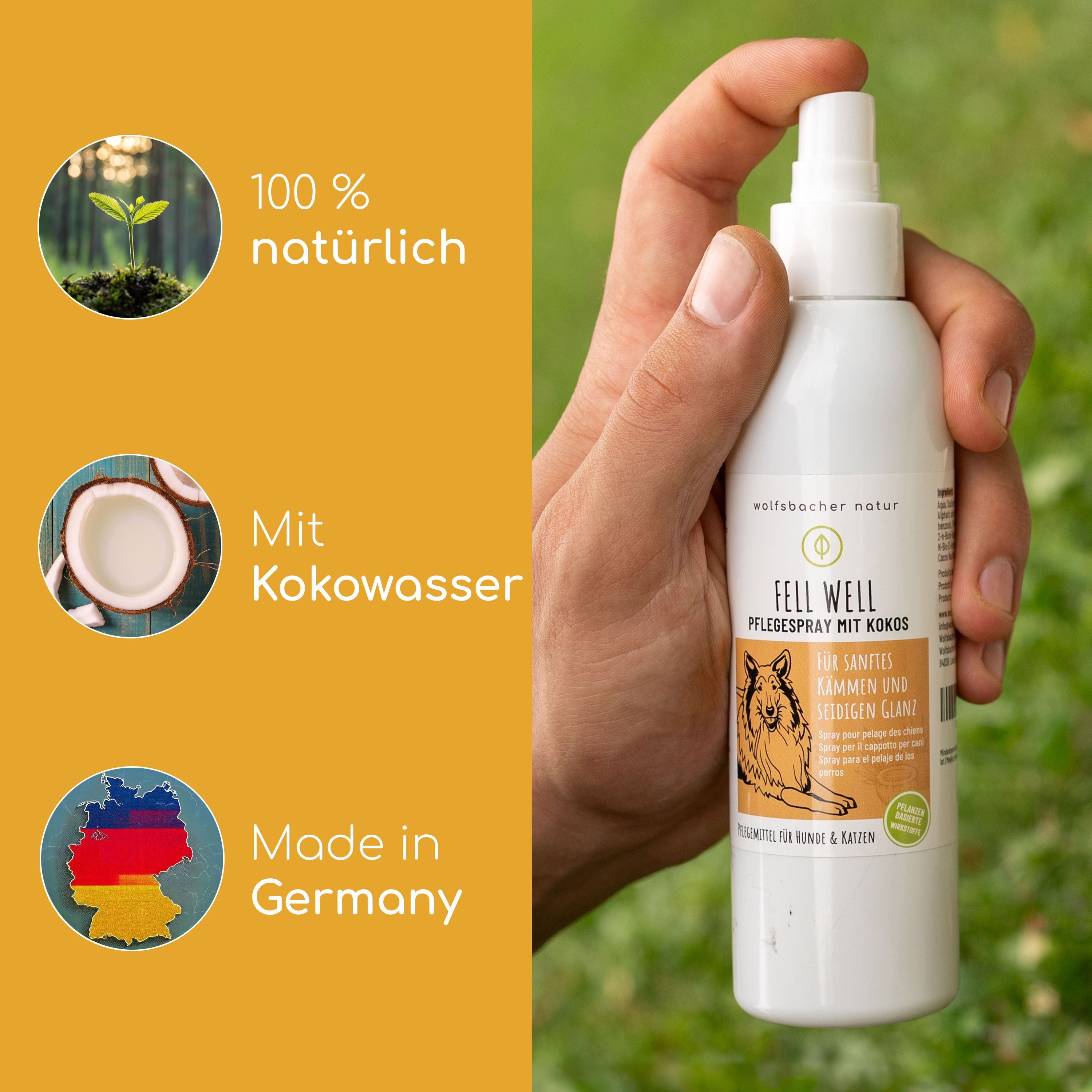 Weiße Sprühflasche mit Text und Logos. Aufschrift: Fell Well. Daneben Kokosnuss und Deutschland-Umriss. Text: Made in Germany.