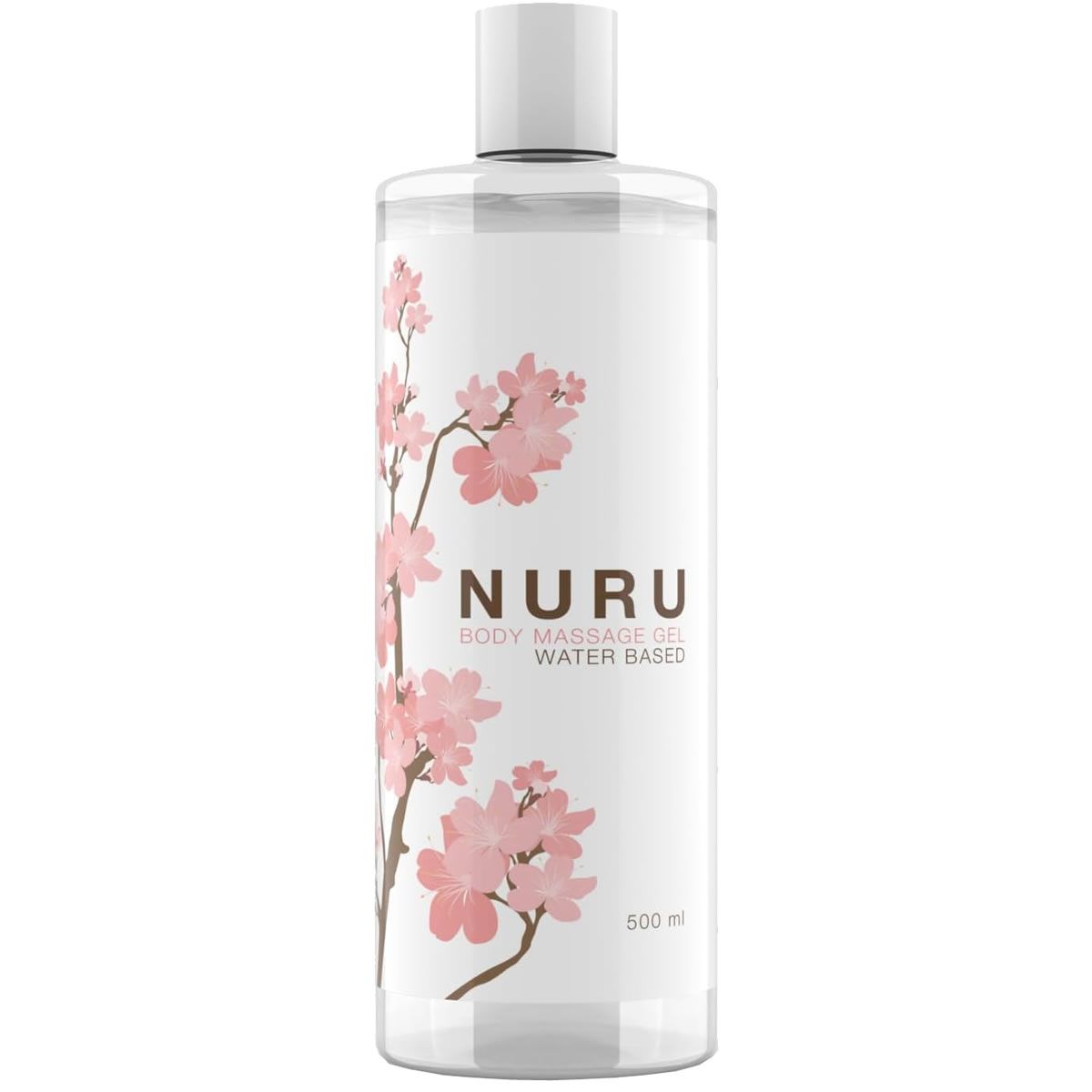 Transparente Flasche mit weißem Deckel. Aufdruck mit rosa Blütenzweig und Schriftzug NURU BODY MASSAGE GEL WATER BASED. Volumen: 500 ml.