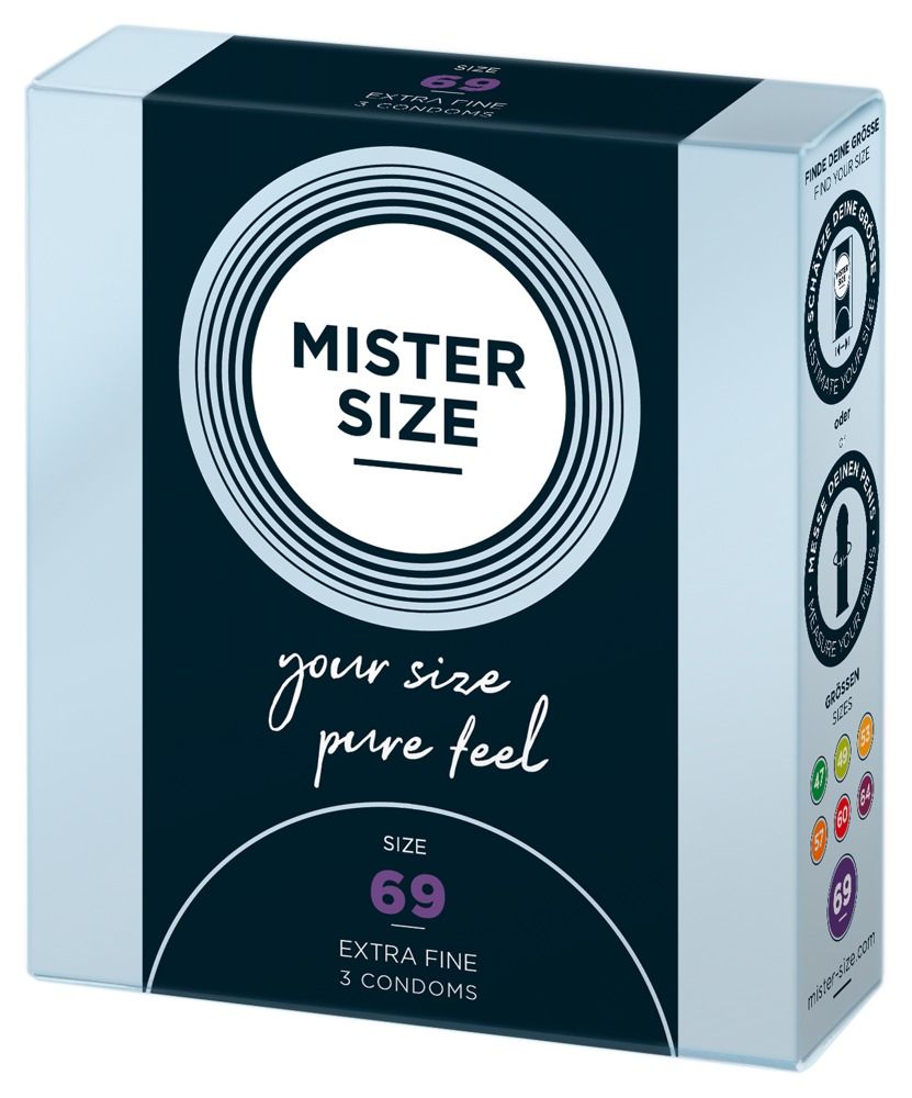 Verpackung von Mister Size 69 Extra Fine Kondomen. Größe 69, 3 Kondome. Weiß, dunkelblau und silberfarben.