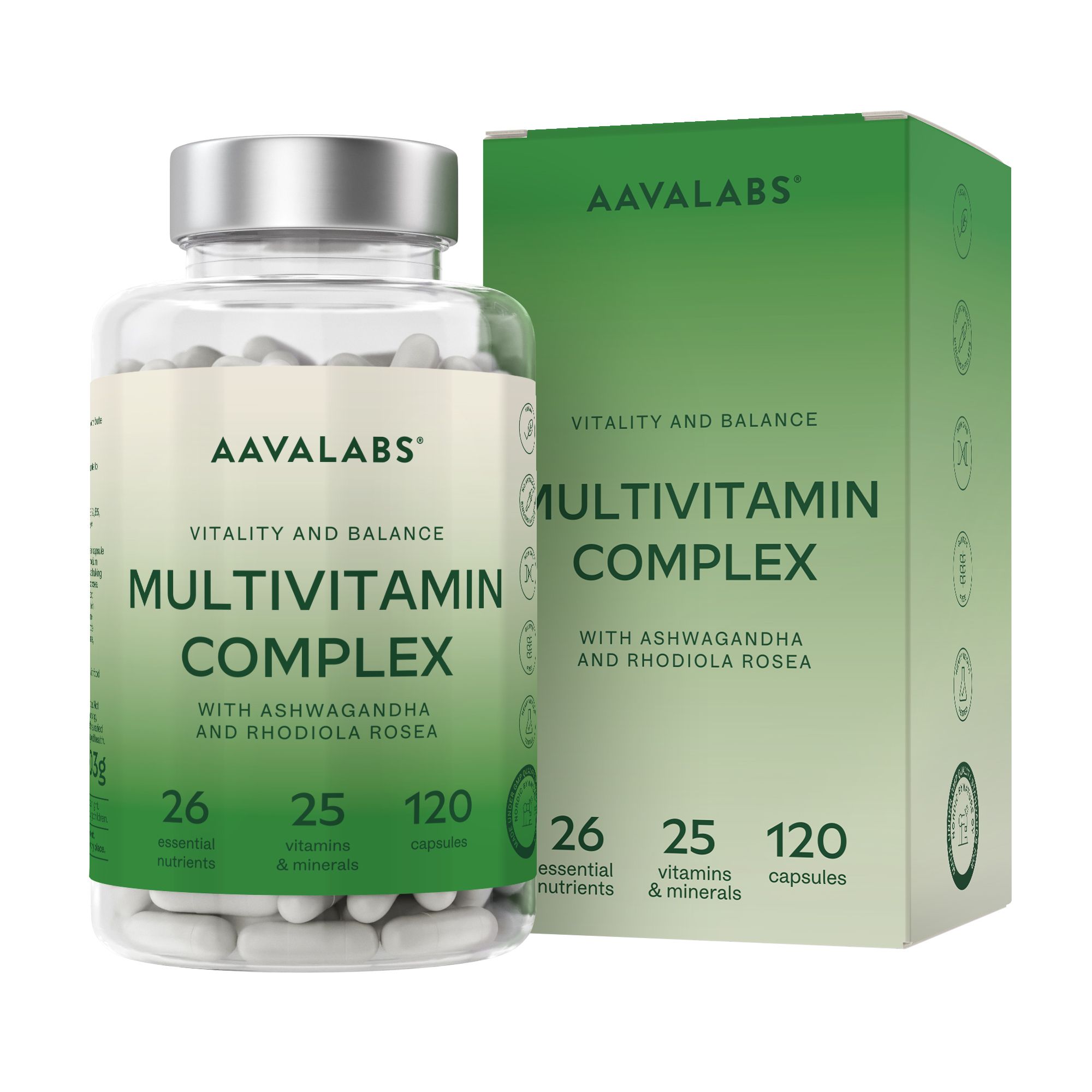 Flasche und Schachtel mit weißen Kapseln. Aufschrift: AAVALABS, MULTIVITAMIN COMPLEX. 26 Nährstoffe, 25 Vitamine & Mineralien, 120 Kapseln.