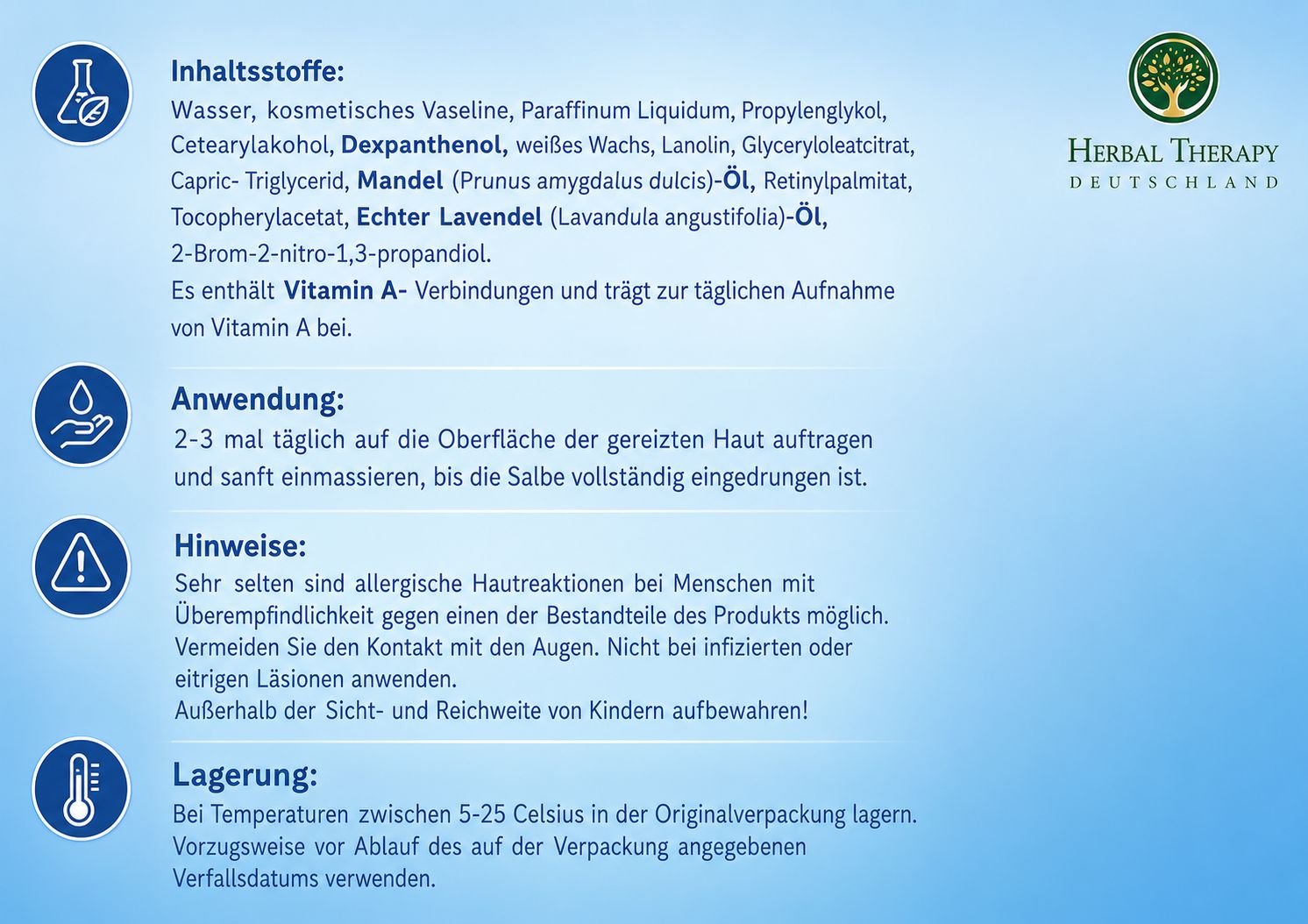 Produktinformationen: Inhaltsstoffe, Anwendung, Hinweise und Lagerung für ein Hautpflegeprodukt.