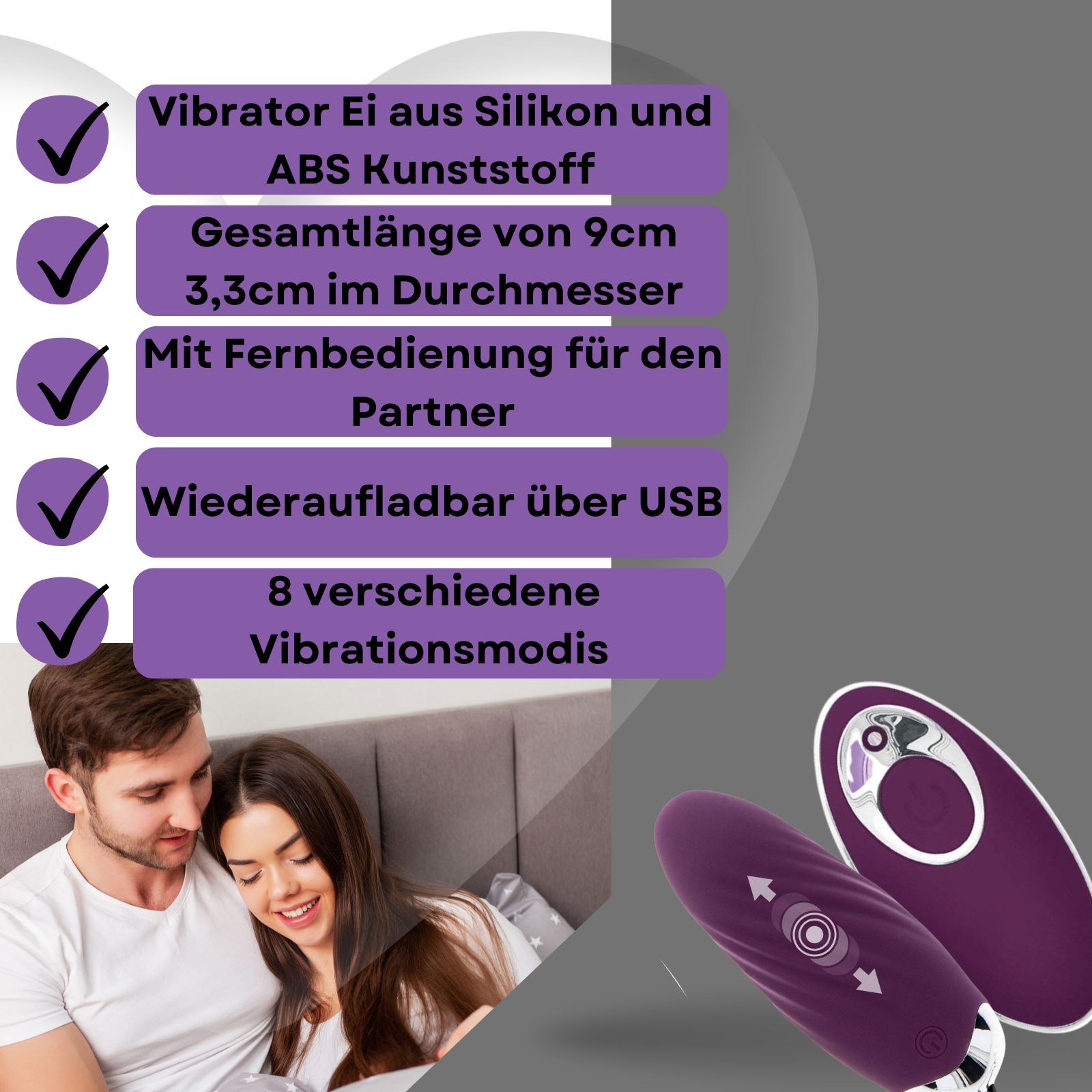 Lila Ei-Vibrator mit Fernbedienung. Paar im Hintergrund. Text: Silikon, ABS, Fernbedienung.