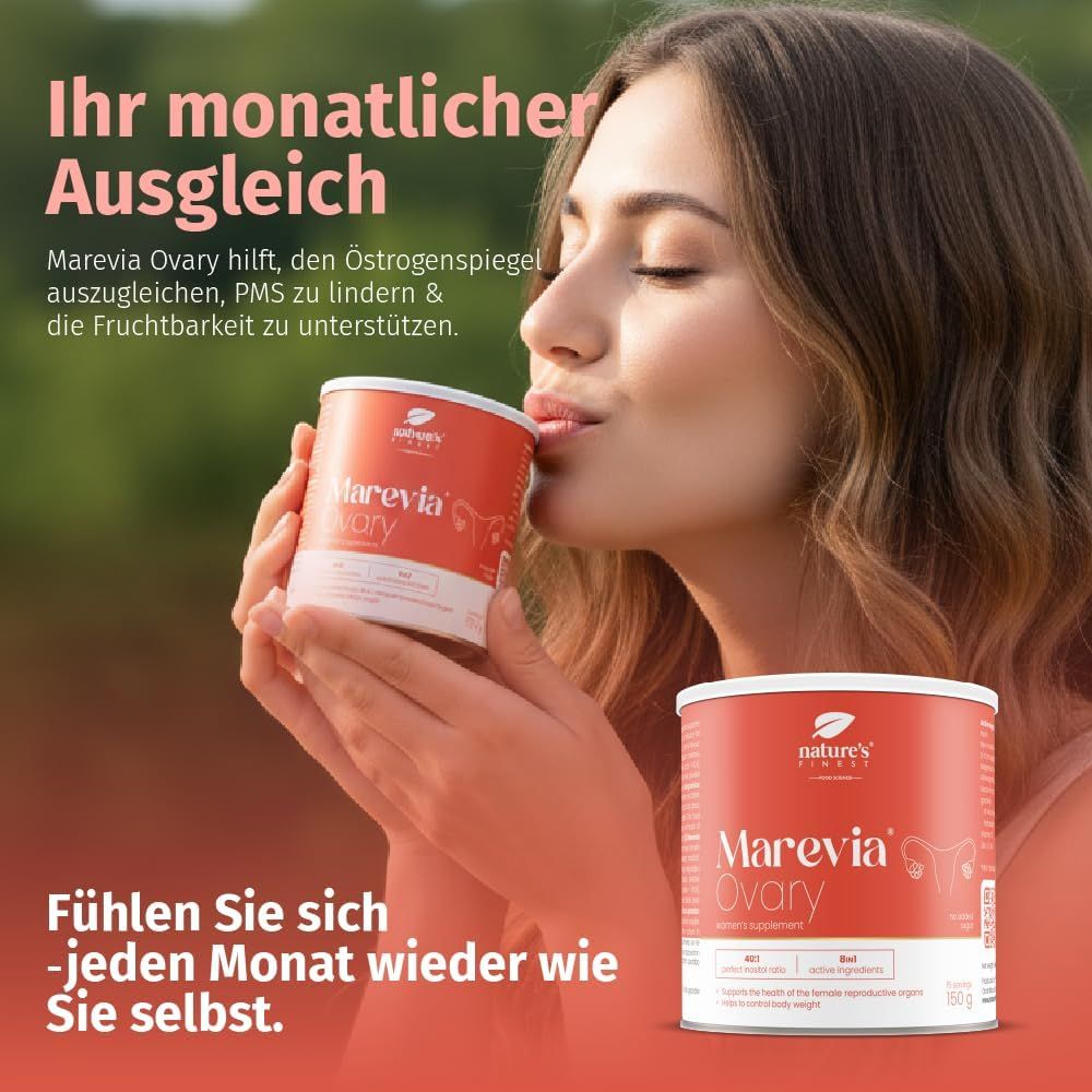 Frau hält und küsst Dose Nature's Finest Marevia Ovary. Zweite Dose im Hintergrund. Text: Ihr monatlicher Ausgleich, Fühlen Sie sich jeden Monat wieder wie Sie selbst.