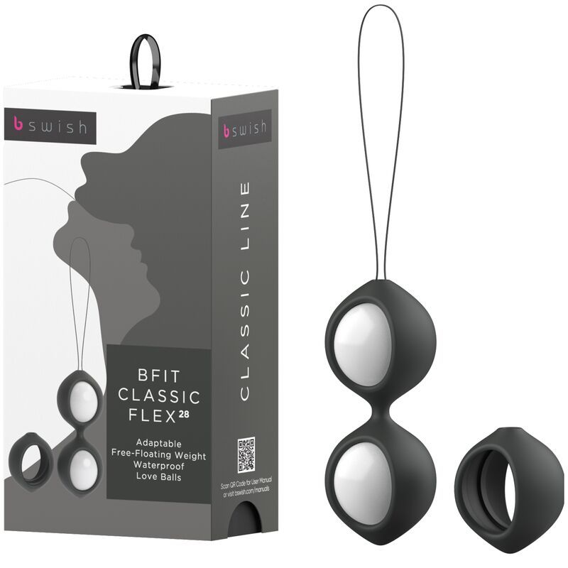 Verpackung und B Swish Kegelkugeln: Zwei schwarze Kugeln mit weißem Kern, verbunden durch eine Schlaufe, mit einem schwarzen Ring.