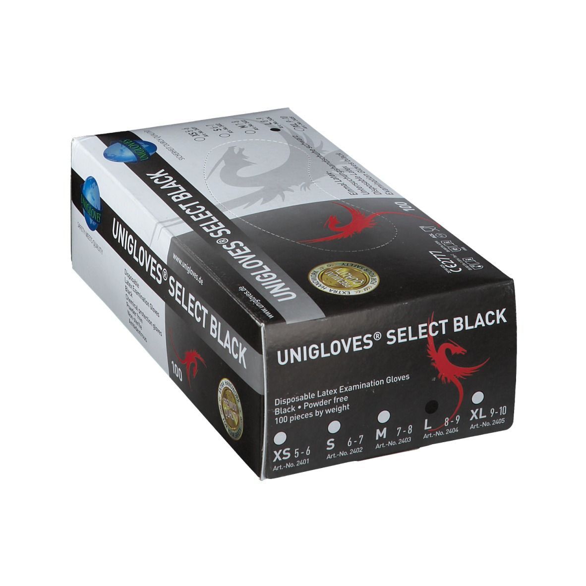 Schwarze Handschuhbox. Aufschrift: UNIGLOVES® SELECT BLACK. Enthält 100 Einmalhandschuhe. Größenangaben: XS-XL. Logos und Zertifizierungen.