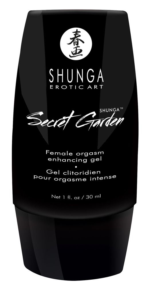 Schwarze Flasche mit Text. "Shunga Erotic Art" und "Secret Garden". 1 fl. oz / 30 ml.