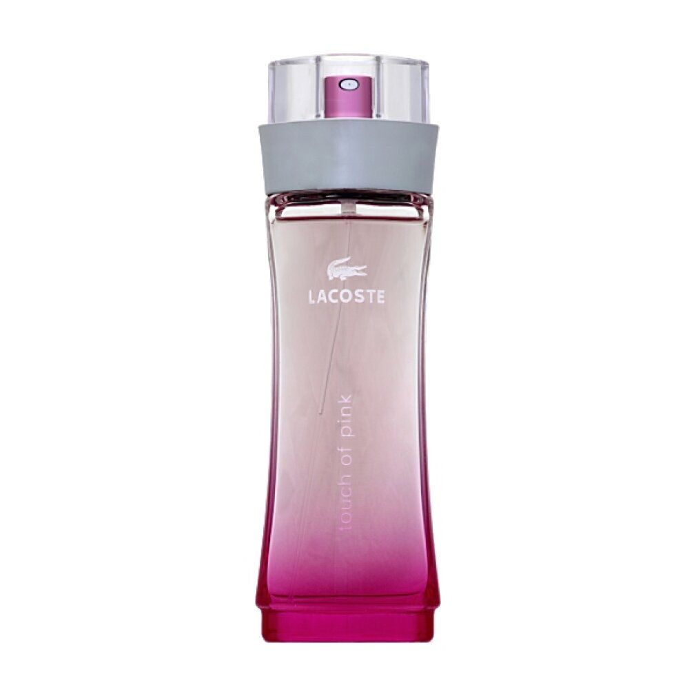 Flakon LACOSTE Touch of Pink. Rosa Farbverlauf, silberner Deckel. Logo und Schriftzug.