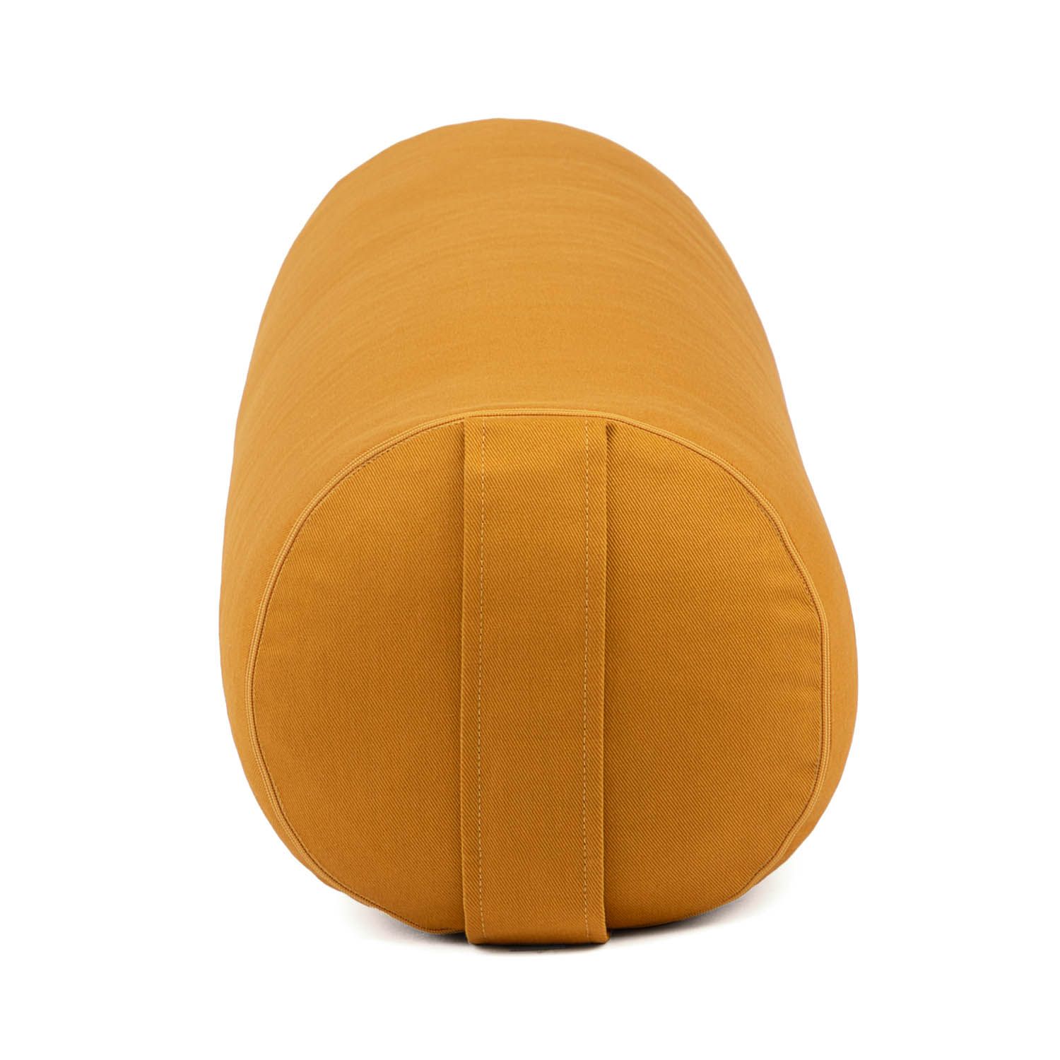 Gelbes Yoga-Bolster, zylindrisch, mit Trageschlaufe. Kapok-Füllung. Stoffbezug.