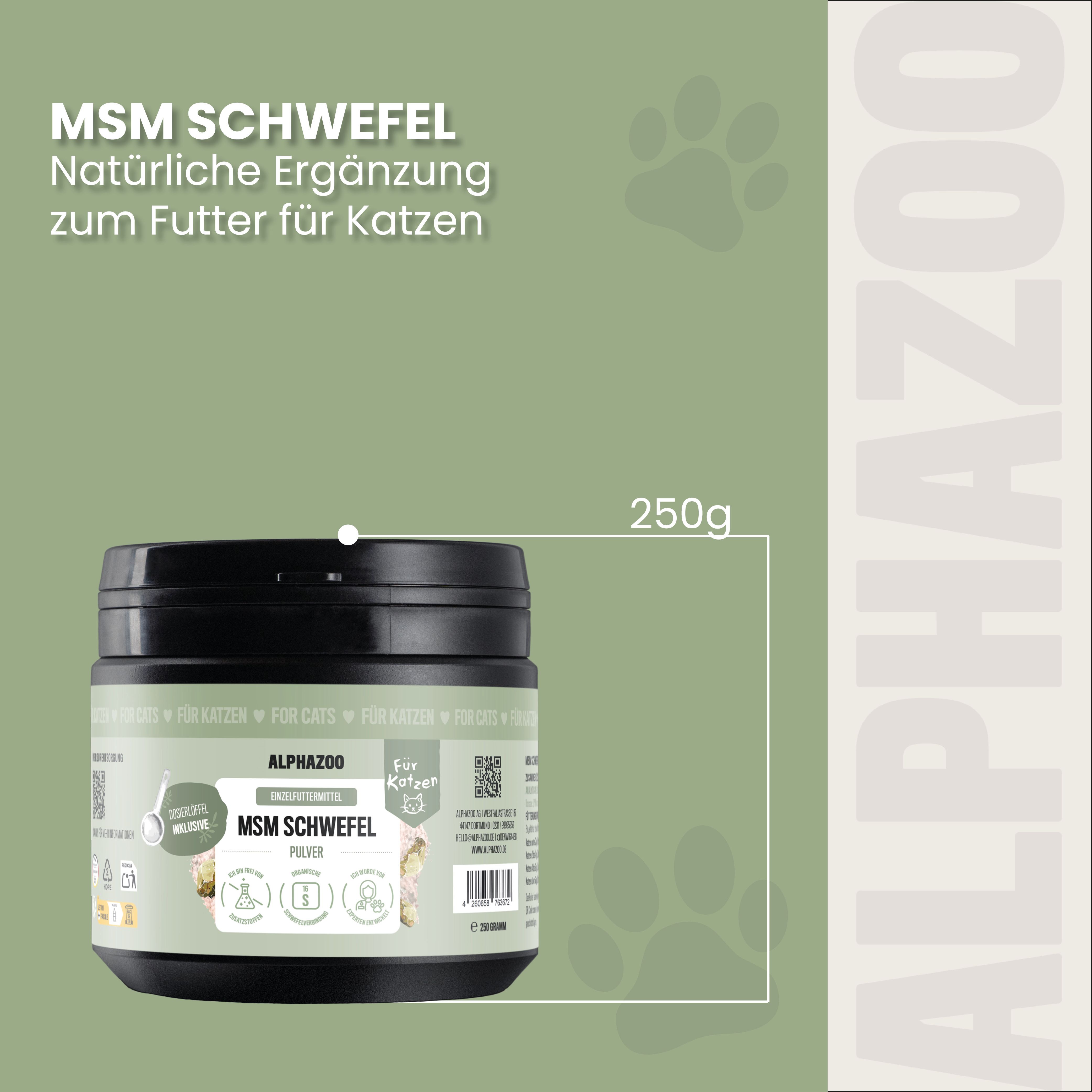Alphazoo MSM Schwefel Pulver für Katzen, 250g Behälter. Ergänzung zum Futter.