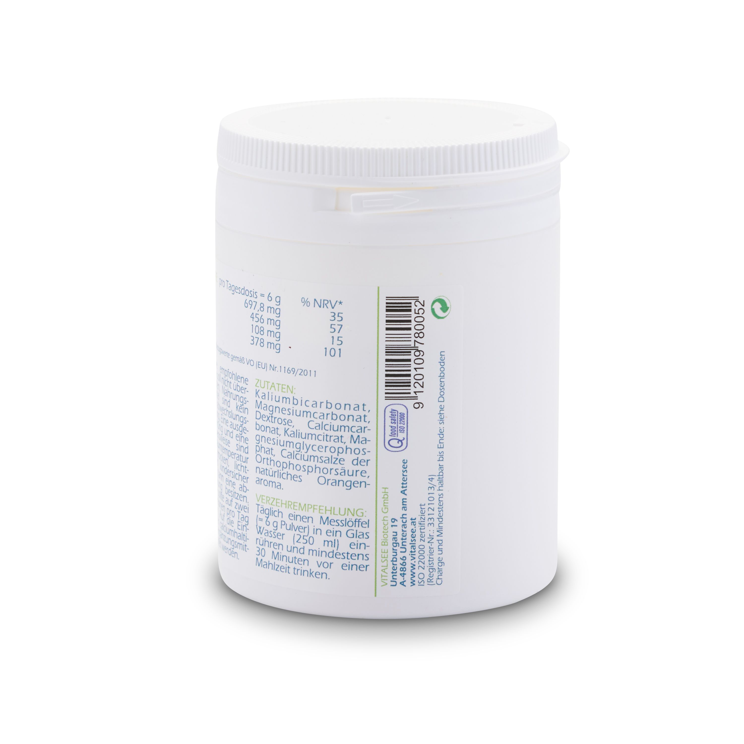 Rückseite des weißen Behälters. Text mit Inhaltsstoffen und Verzehrempfehlung. Angaben zu Nährwerten und Zutaten.