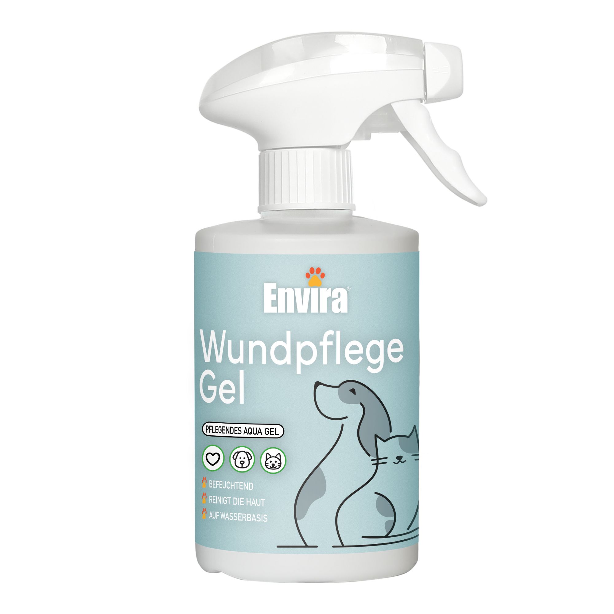 ENVIRA Wundpflege Gel Flasche mit Sprühkopf. Aufschrift: Wundpflege Gel. Illustrationen von Hund und Katze.