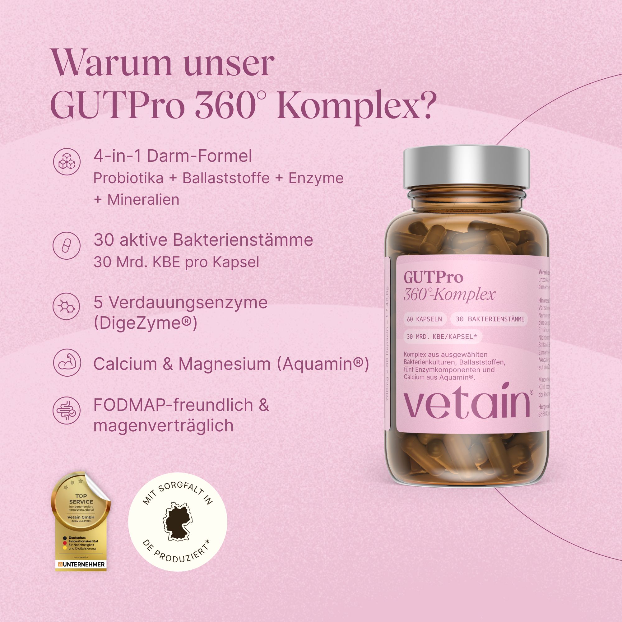 Vetain GutPro 360° Komplex: 4-in-1 Darm-Formel, 30 Bakterienstämme, 5 Enzyme, Calcium & Magnesium.