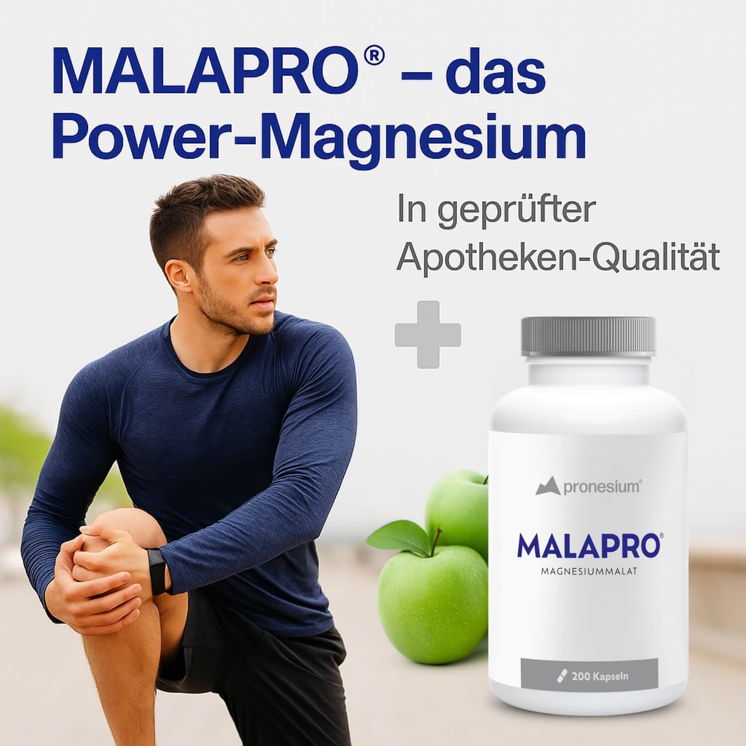 Mann beugt sich. Text: MALAPRO - das Power-Magnesium. Flasche: pronesium, MALAPRO, 200 Kapseln. Apfel.