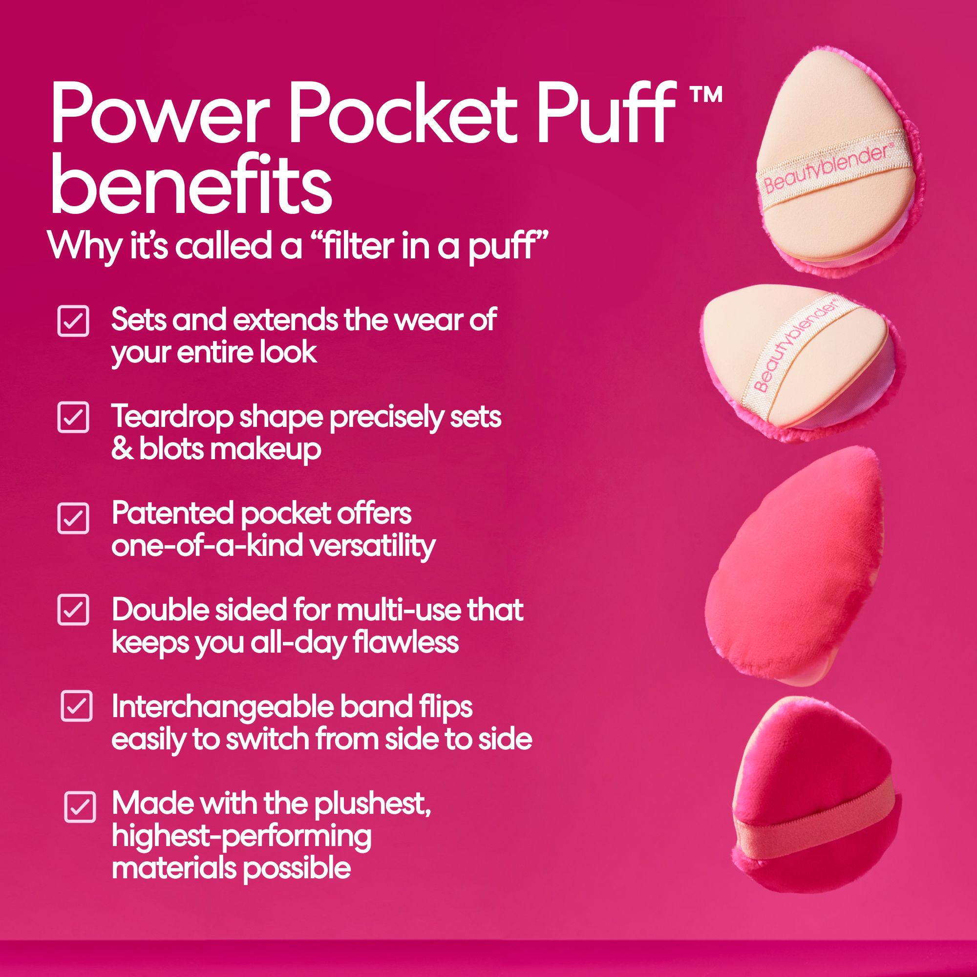 Vier Beautyblender Power Pocket Puffs in verschiedenen Ansichten, die ihre Form und das Band zeigen.