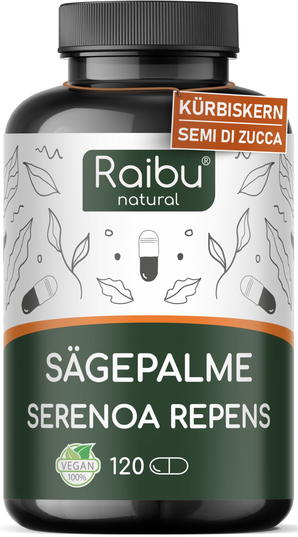Raibu Saw Palmetto Kapseln Flasche mit 120 Kapseln, vegan und hochdosiert.