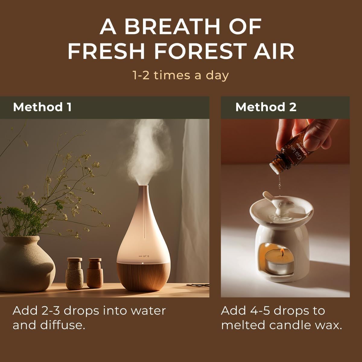 Diffusor und Keramik-Duftlampe. Zwei Methoden zur Anwendung. Text: A breath of fresh forest air.