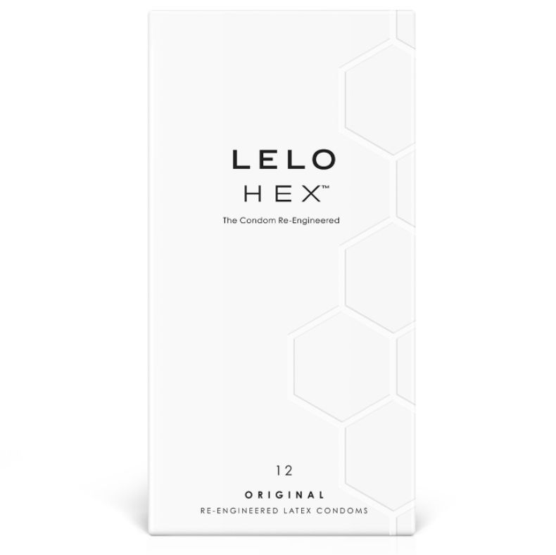 Einzelnes LELO HEX Kondom in weißer Verpackung. Logo und Text.