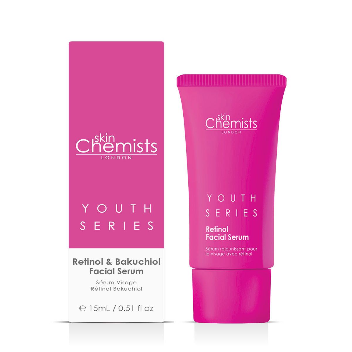 Rosa Schachtel und Tube mit "skinChemists" und "YOUTH SERIES Retinol & Bakuchiol Facial Serum". Englische und französische Beschriftung.