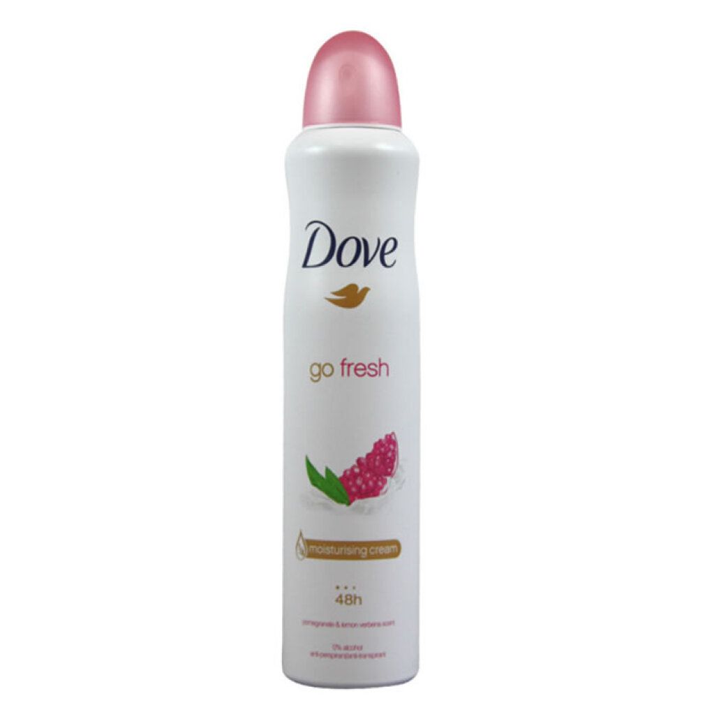 Weißes Deodorant mit rosa Kappe. Aufschrift Dove, go fresh, Granatapfel-Motiv. 48h Schutz.
