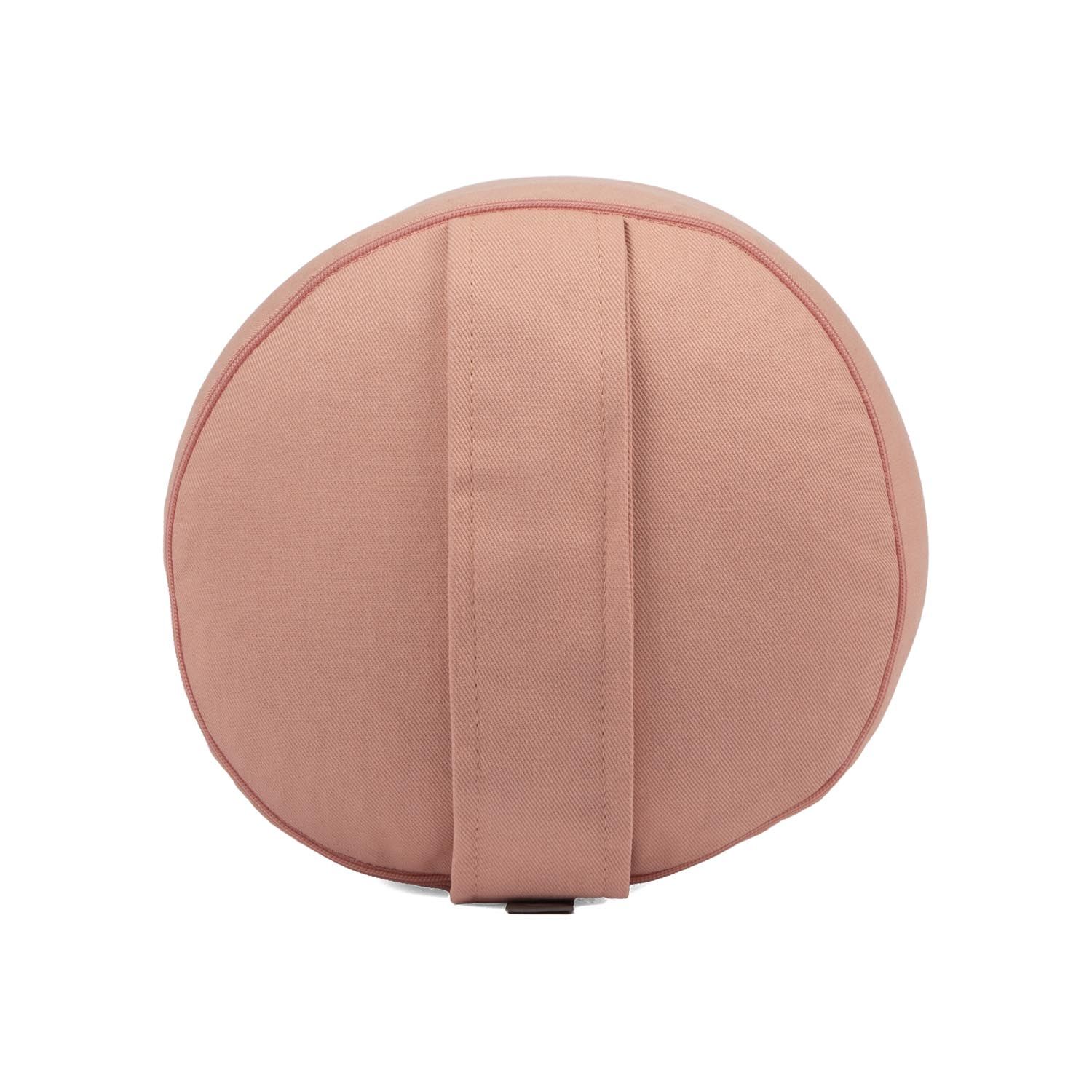 Rosa Yogabolster, rund. Mit Trageschlaufe. Aus Stoff.