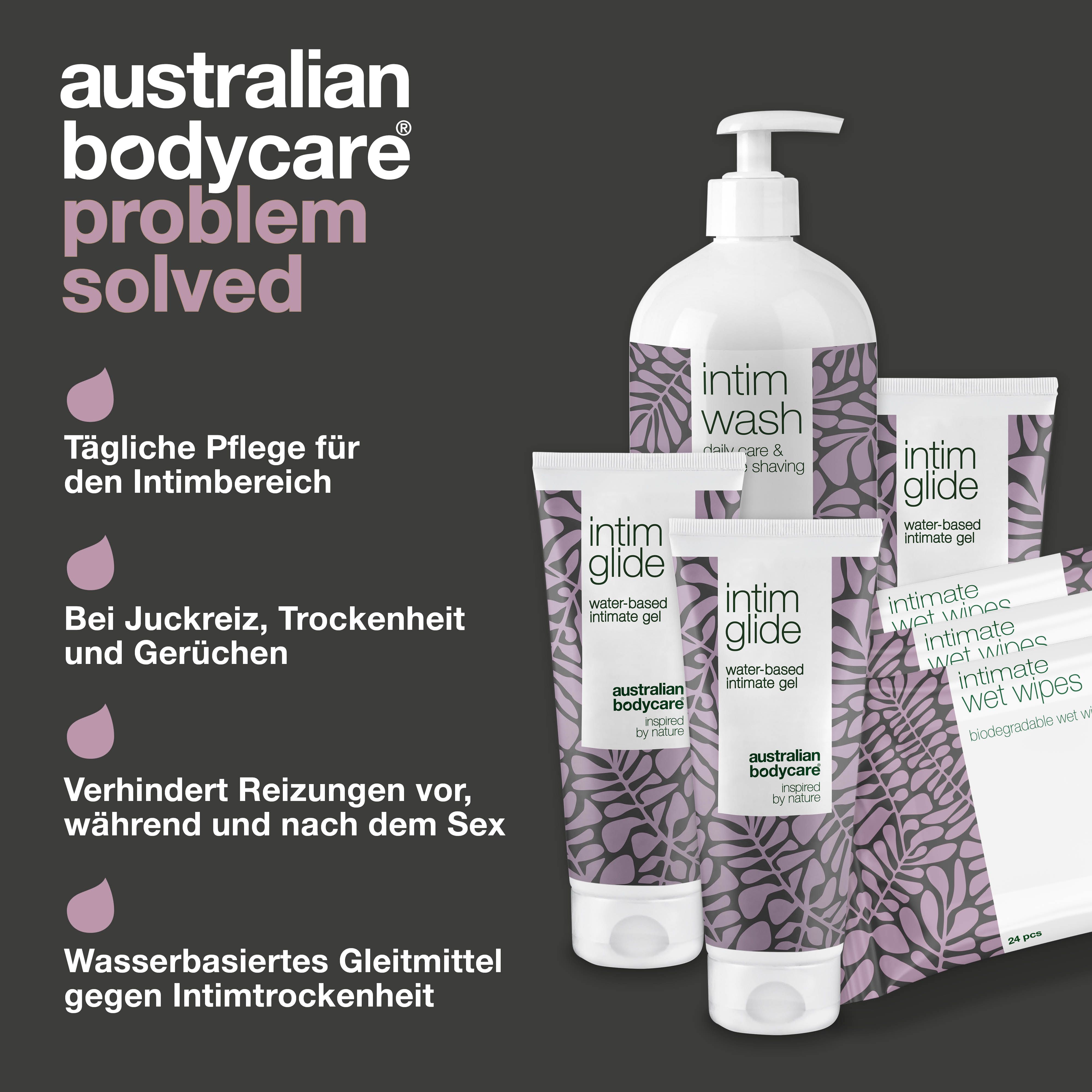 Produkt-Set Intimpflegeprodukte. Produkte Intim Wash, Glide, Wet Wipes. Text: Problem gelöst.
