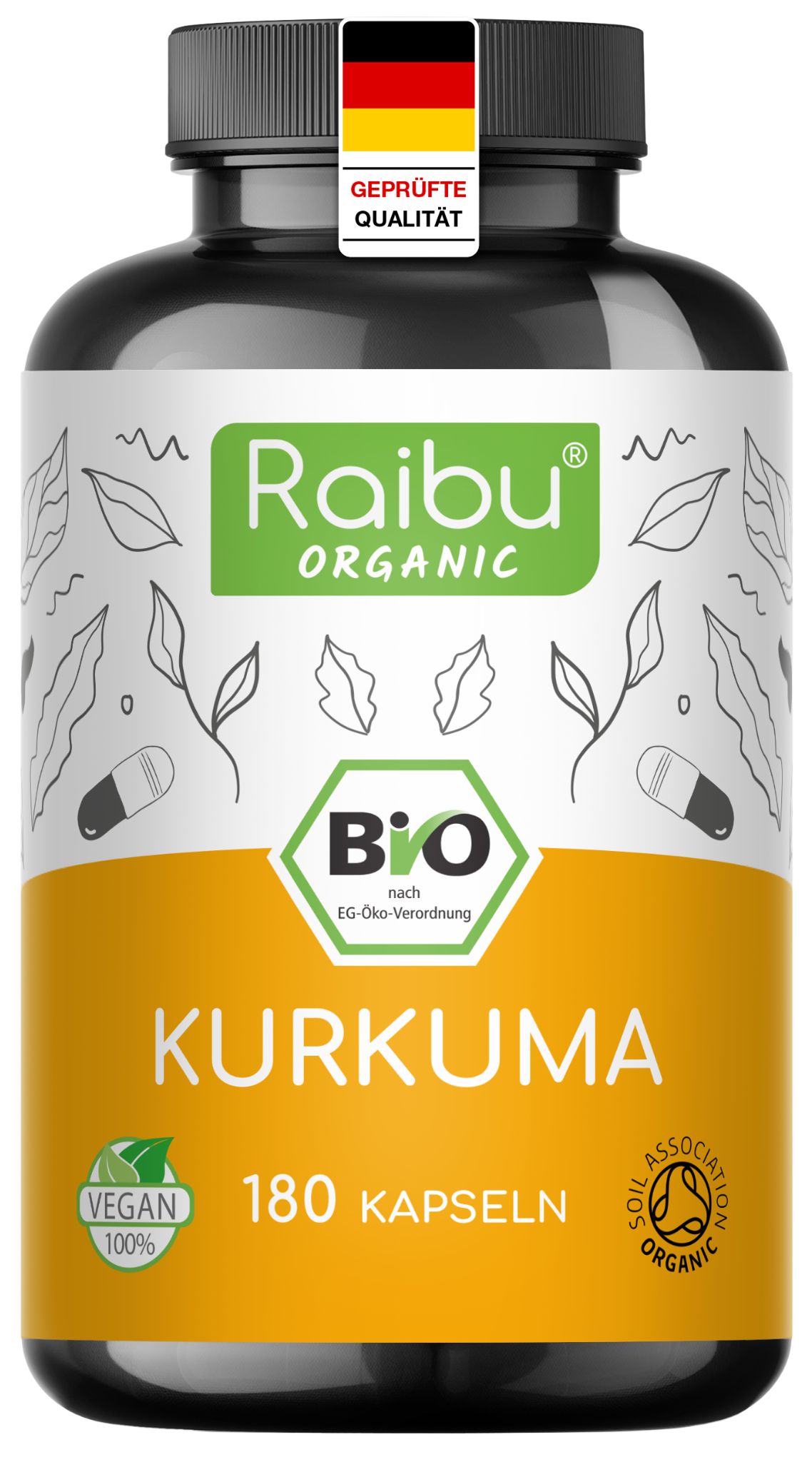 Braune Flasche mit schwarzen Deckel. Aufschrift: Raibu Organic, Bio, Kurkuma, 180 Kapseln. Siegel: Vegan, Oil Association Organic.