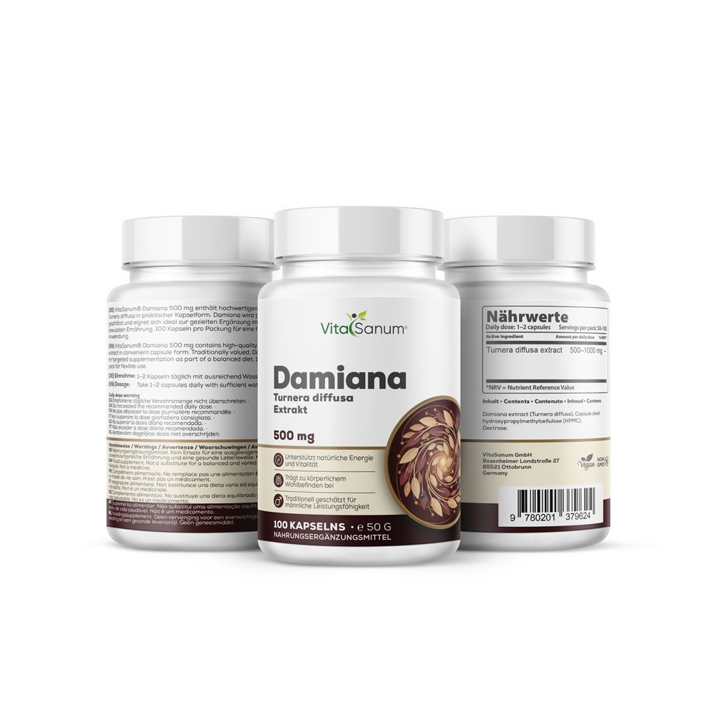 Drei weiße Flaschen mit Etiketten. Auf der mittleren Flasche steht "VitaSanum Damiana". 500 mg, 100 Kapseln. Braunes Design.
