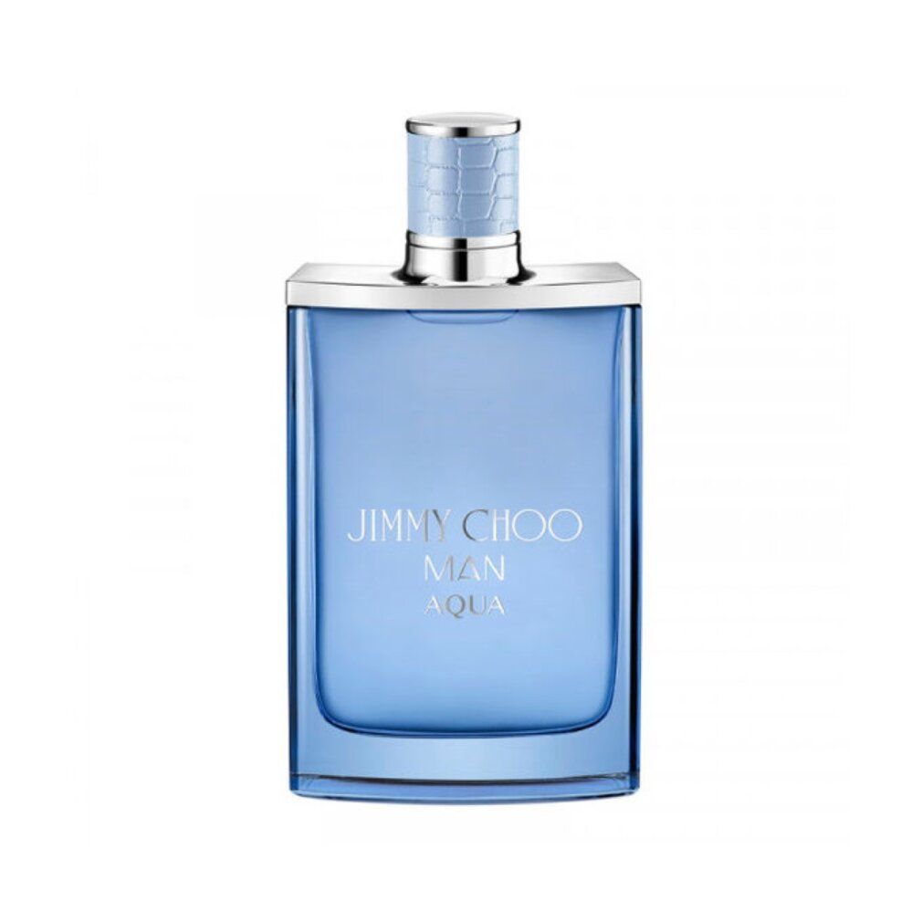 Hellblaues Parfümflakon mit silbernem Verschluss. Aufschrift: JIMMY CHOO MAN AQUA. Quadratische Form.