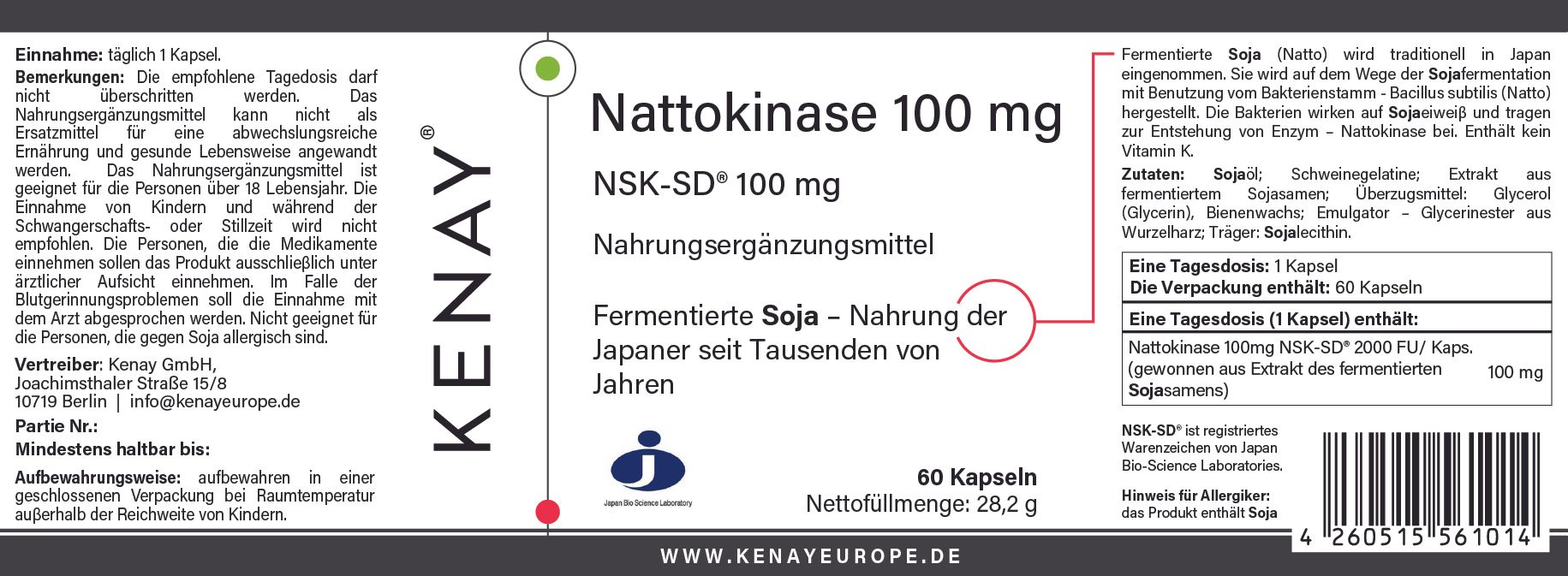 Etikett mit Produktinformationen. Text: Nattokinase 100 mg, NSK-SD 100 mg, Nahrungsergänzungsmittel, 60 Kapseln. Marke KENAY.