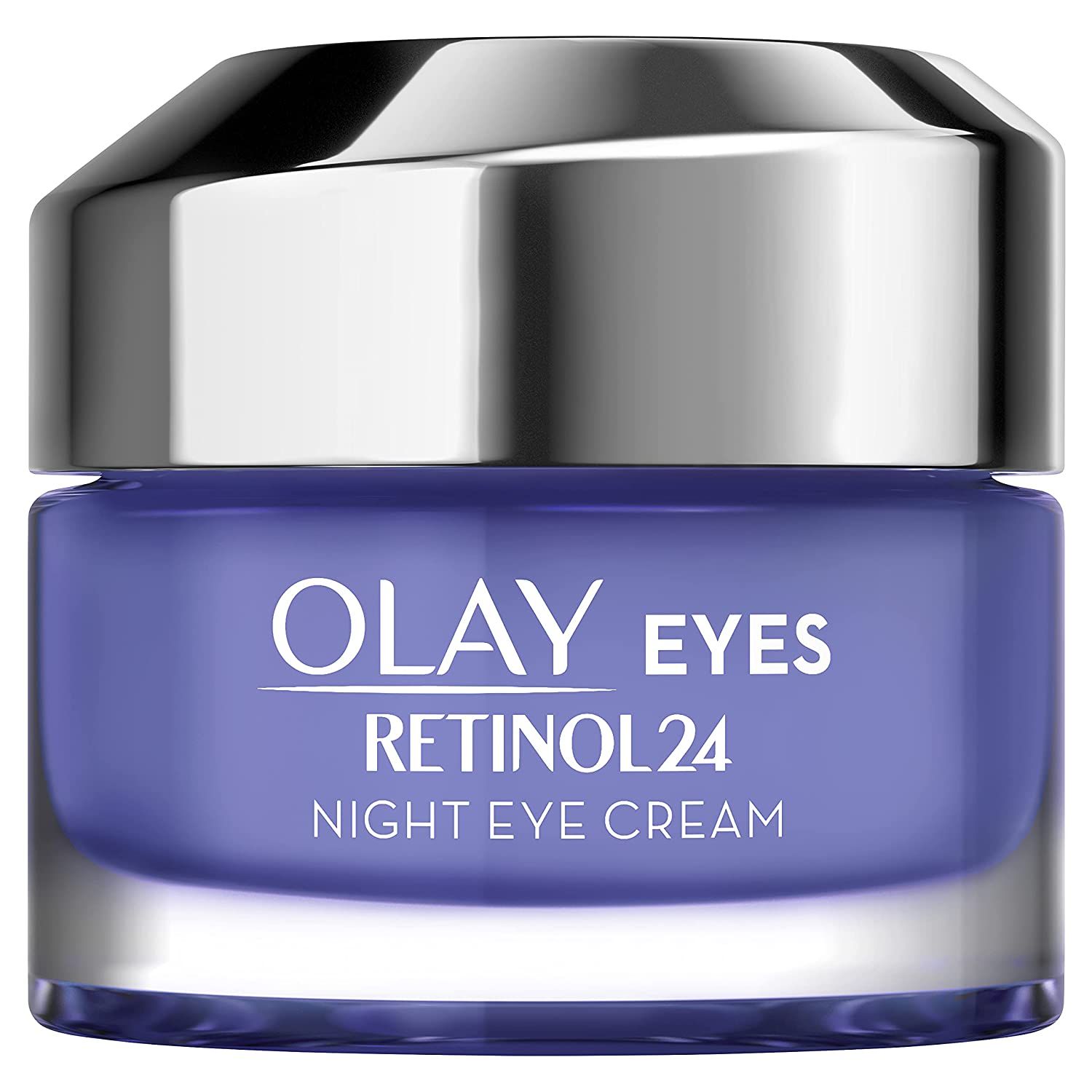 Augencreme-Tiegel mit silbernem Deckel. Aufschrift: Olay Eyes Retinol24 Night Eye Cream.