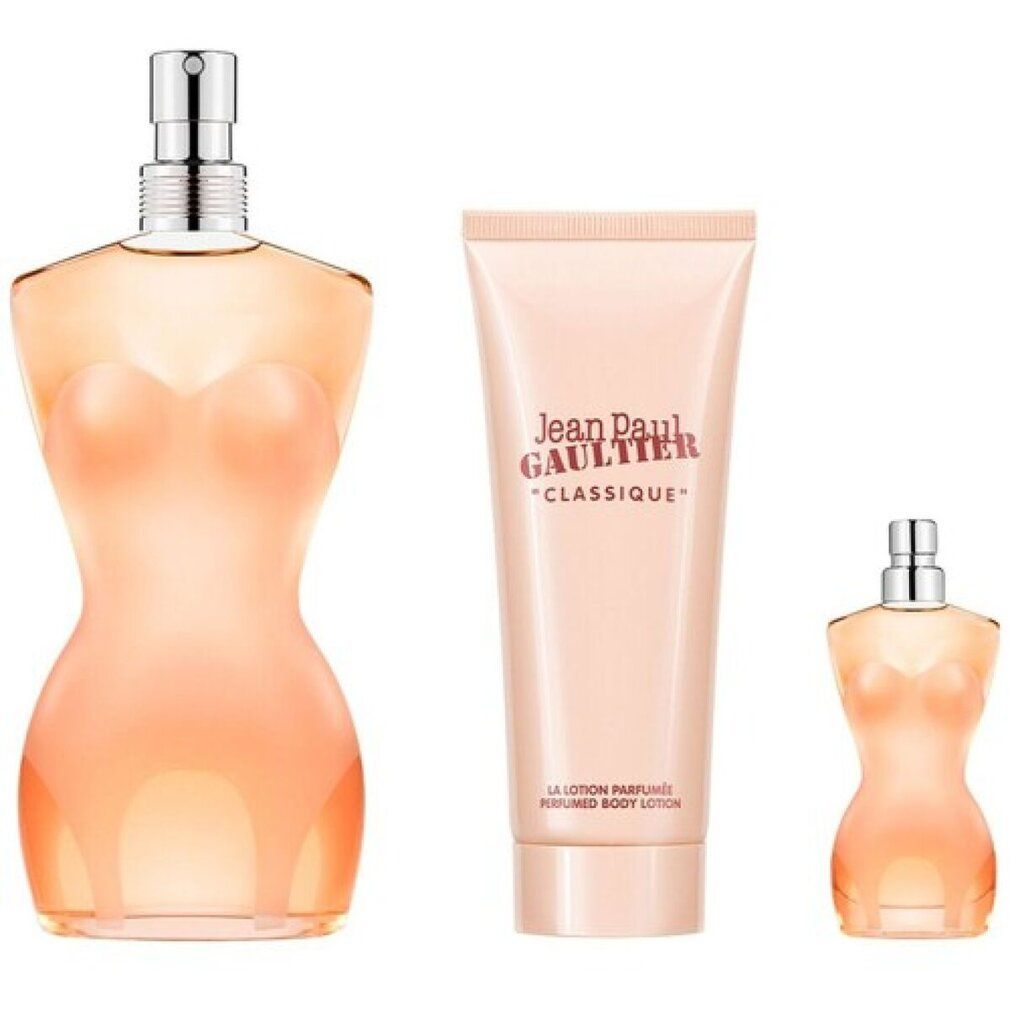 Drei Produkte: Parfümflasche, Miniatur und Körperlotion. Flaschenform: weiblicher Torso. Aufschrift: Jean Paul Gaultier, Classique.
