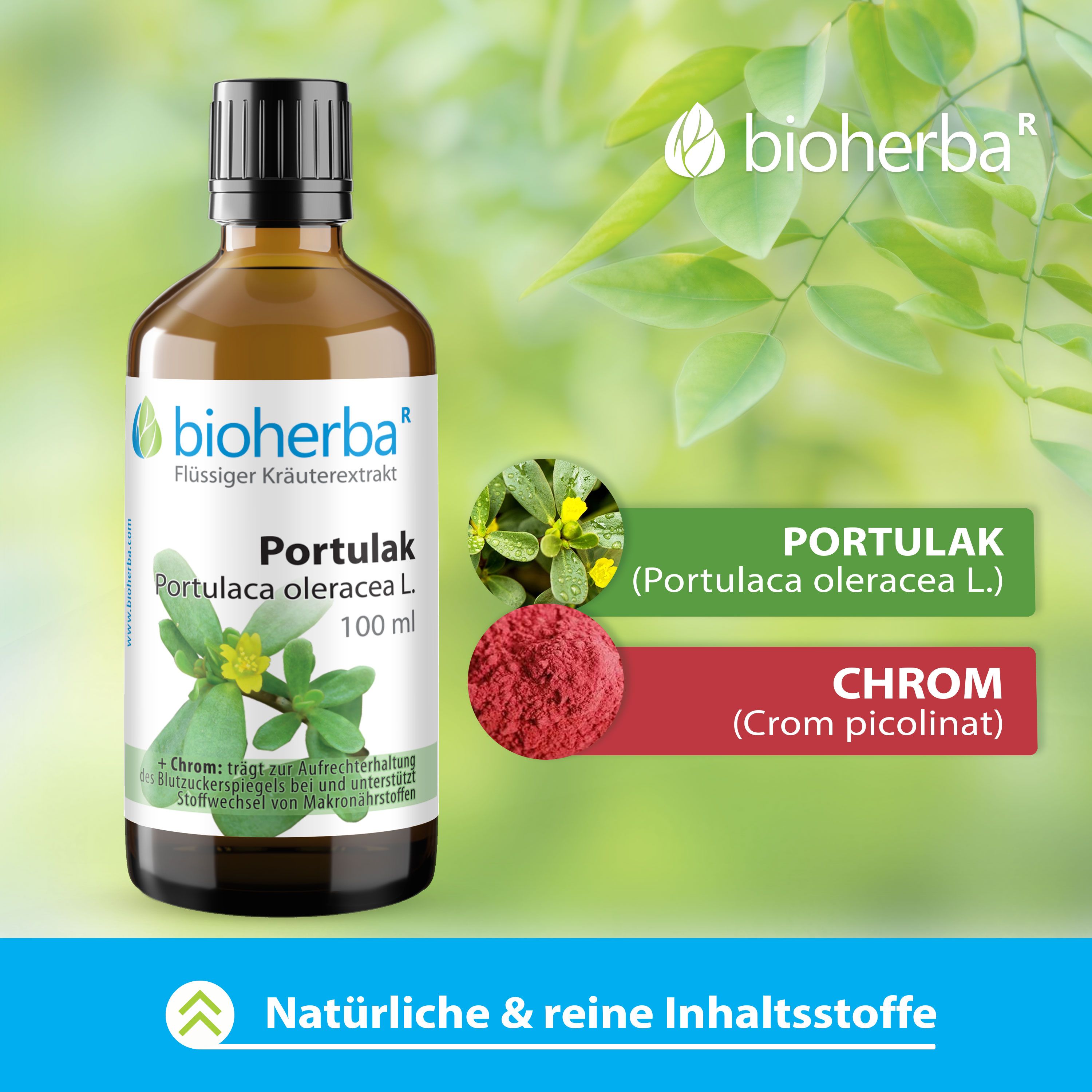 Produktflasche mit Etikett, Logo und Produktnamen. Zusätzliche Informationen und Abbildungen.