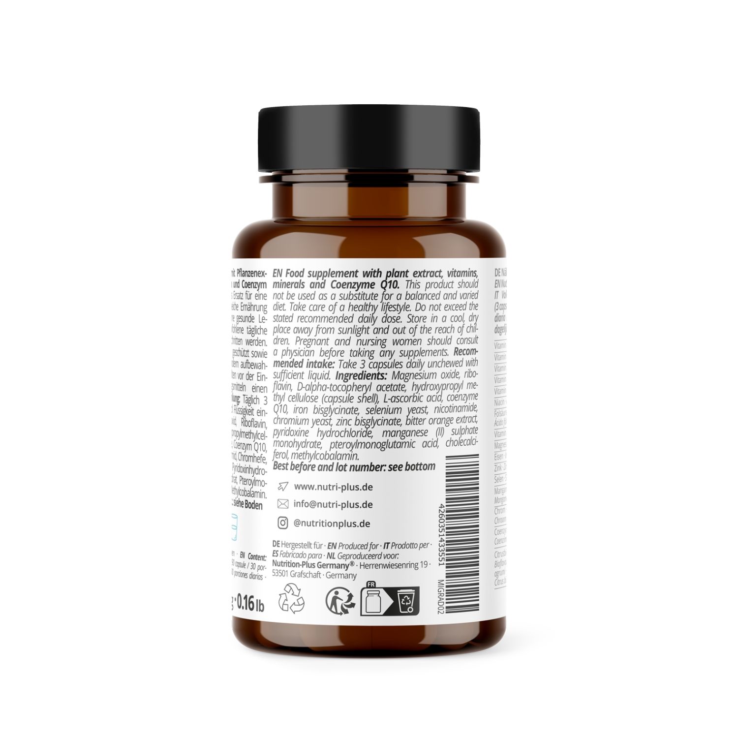 Braune Flasche mit schwarzem Deckel. Rückseite mit Text: Nahrungsergänzungsmittel mit Pflanzenextrakten, Vitaminen und Coenzym Q10.