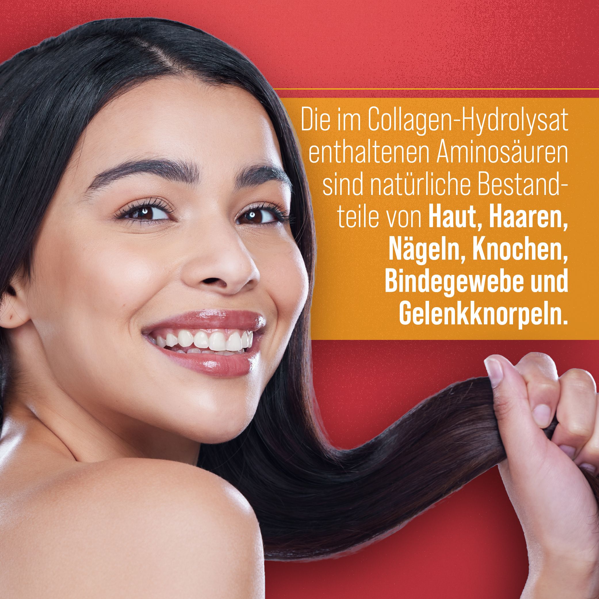 Junge Frau mit langen Haaren lächelt. Text: Aminosäuren sind Bestandteile von Haut, Haaren, Nägeln.