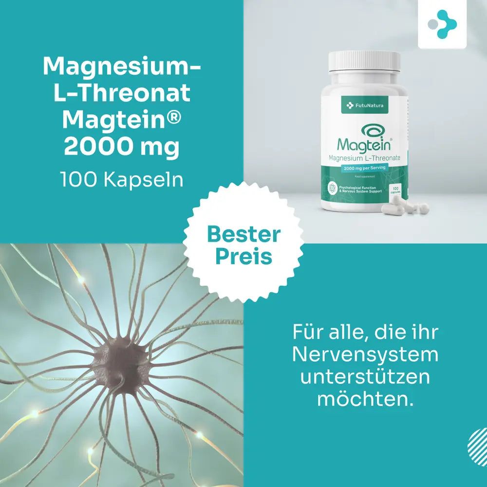 Flasche FutuNatura Magnesium L-Threonat Magtein® 2000 mg, 100 Kapseln. Nervenzelle und Text "Für alle, die ihr Nervensystem unterstützen möchten."