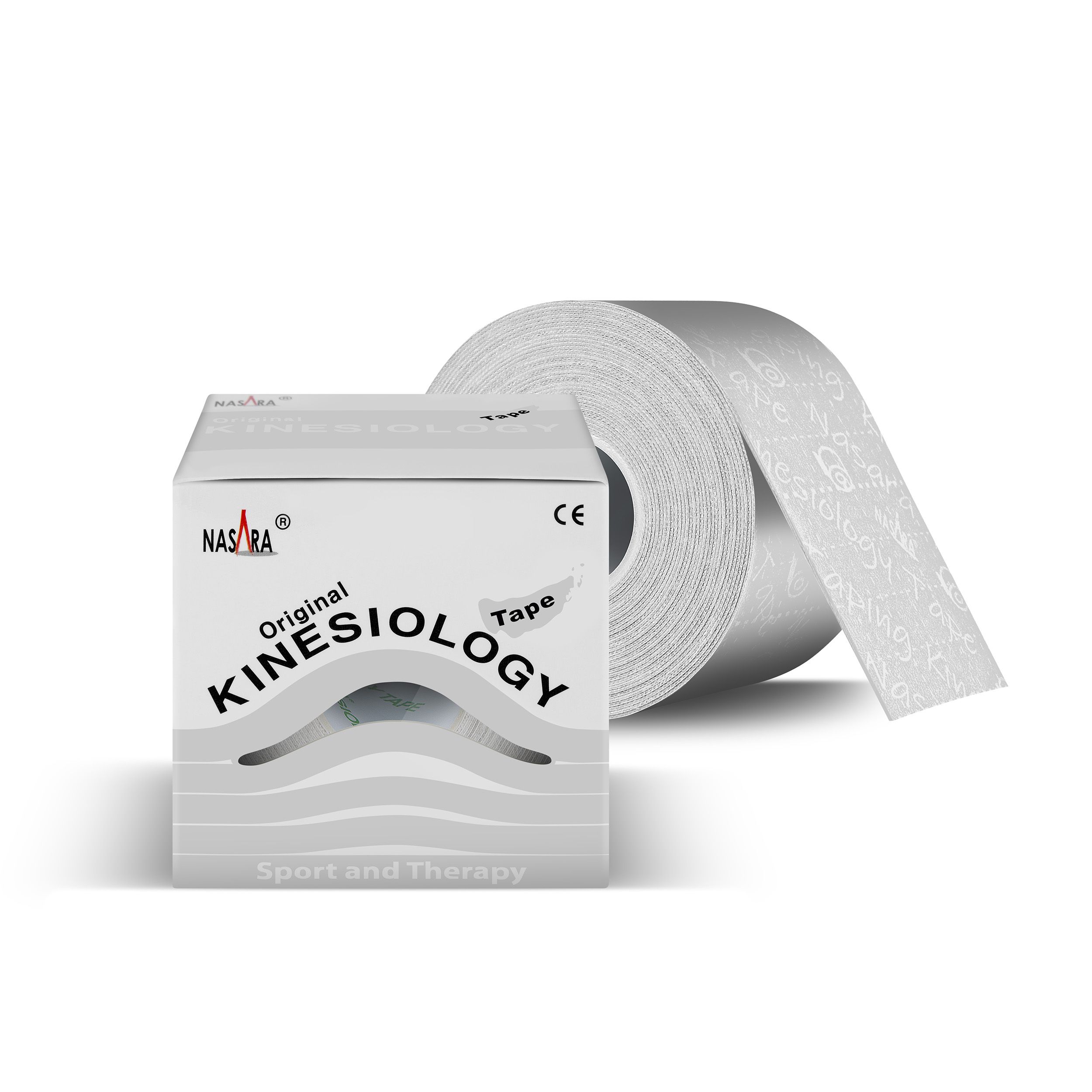 Weiße Box mit Kinesiologie Tape. Aufschrift: NASARA, Original Kinesiology Tape. Rolle Tape daneben.